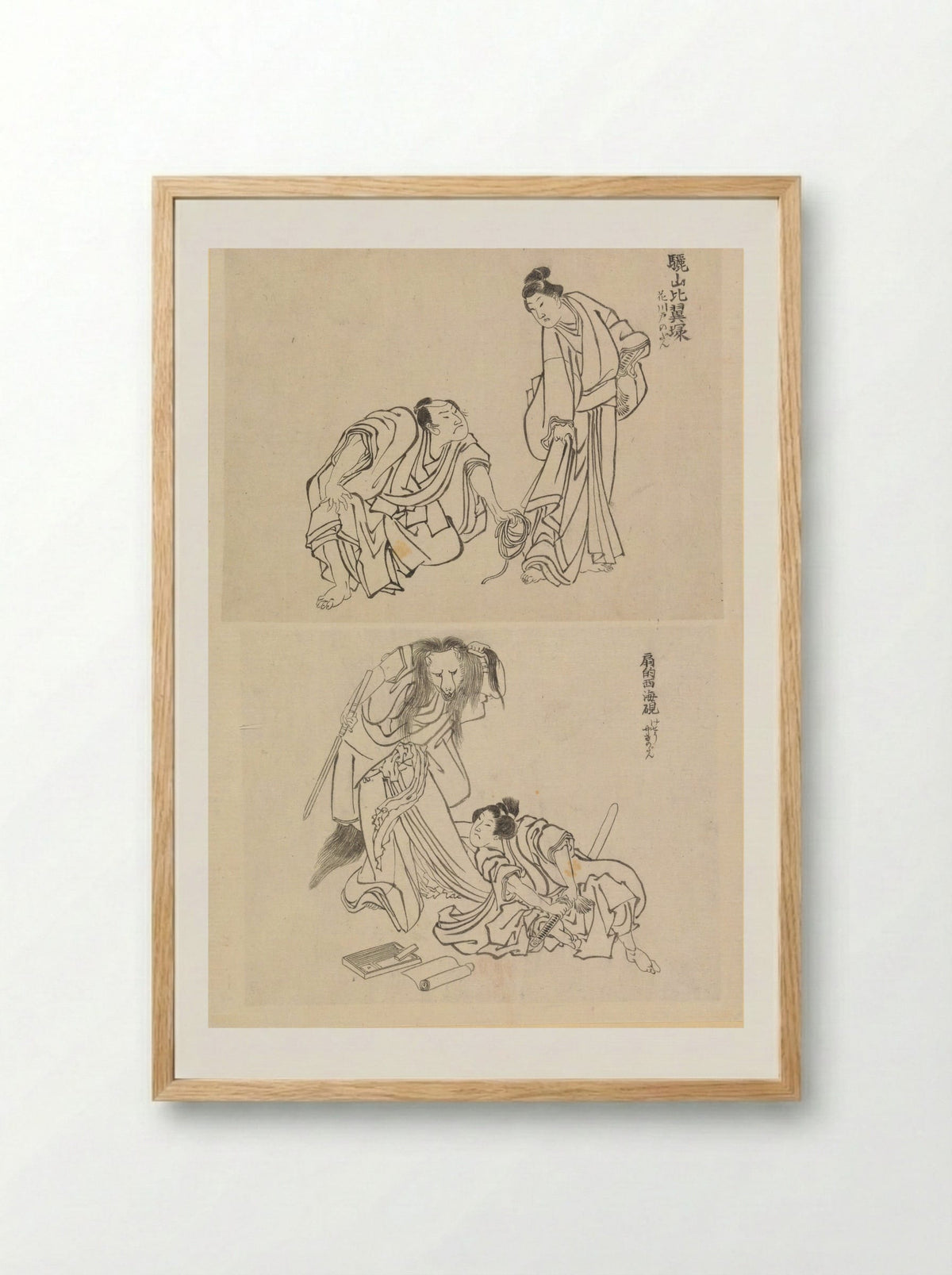 Two Kabuki Scenes: Man and Woman, Man and Fox Woman - Katsushika Hokusai - Framed Print Wood