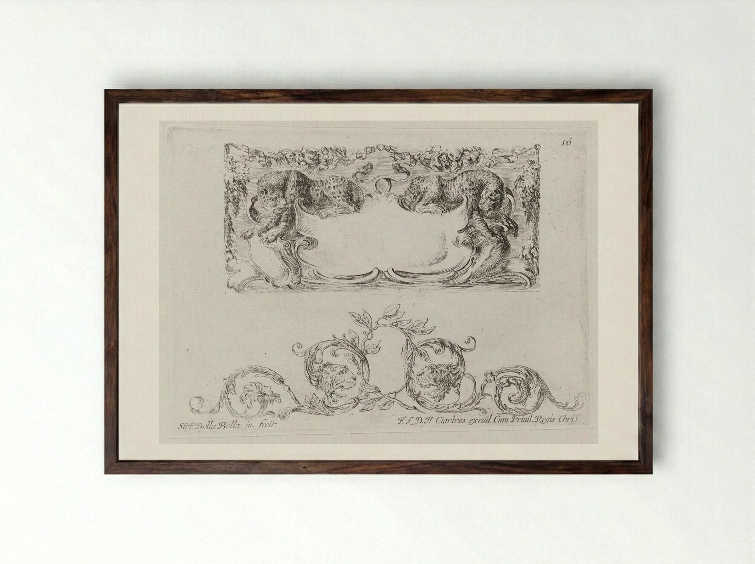 Two Leopards, Rinceau with Leopard Heads Below - Stefano Della Bella - Framed Print Dark Wood