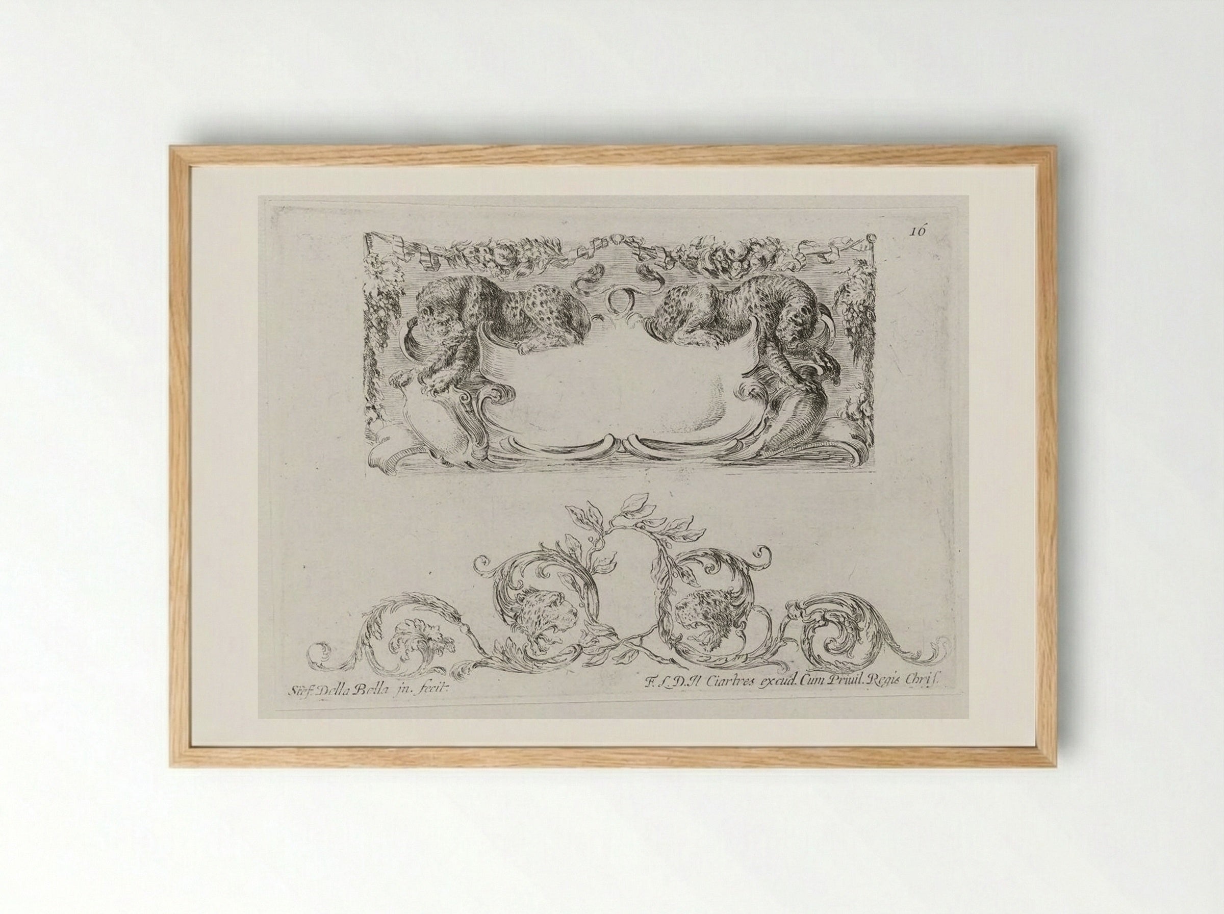 Two Leopards, Rinceau with Leopard Heads Below - Stefano Della Bella - Framed Print Wood