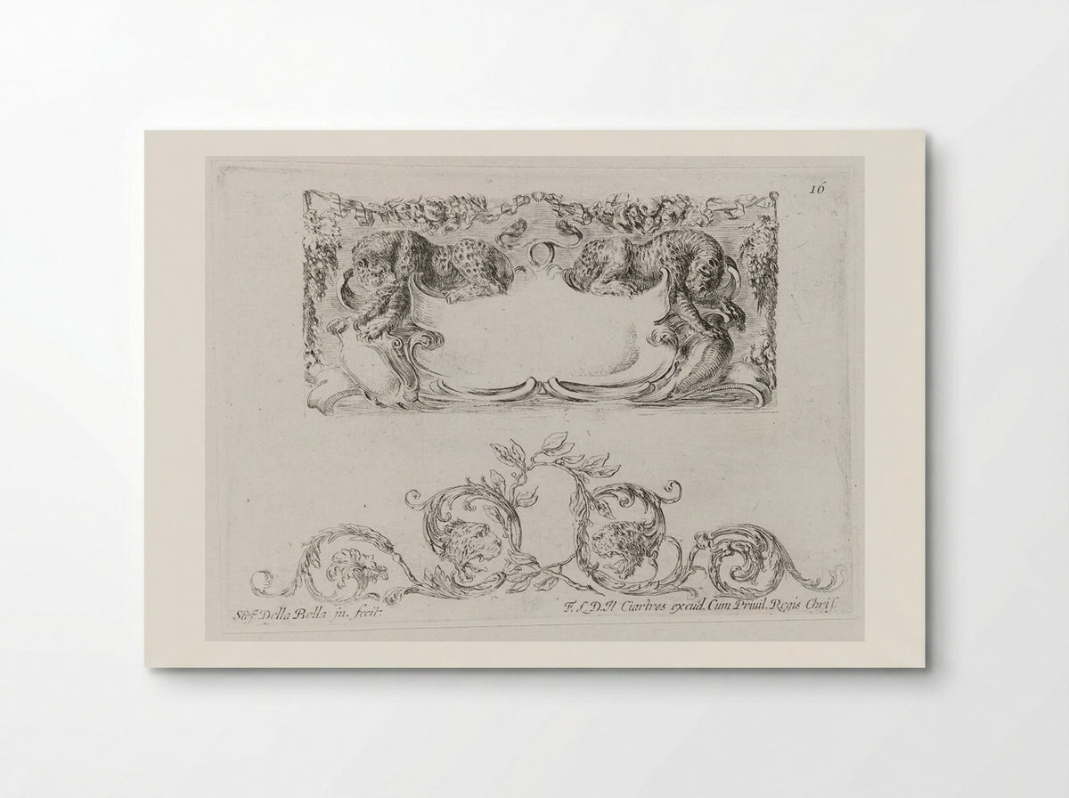 Two Leopards, Rinceau with Leopard Heads Below - Stefano Della Bella - Poster