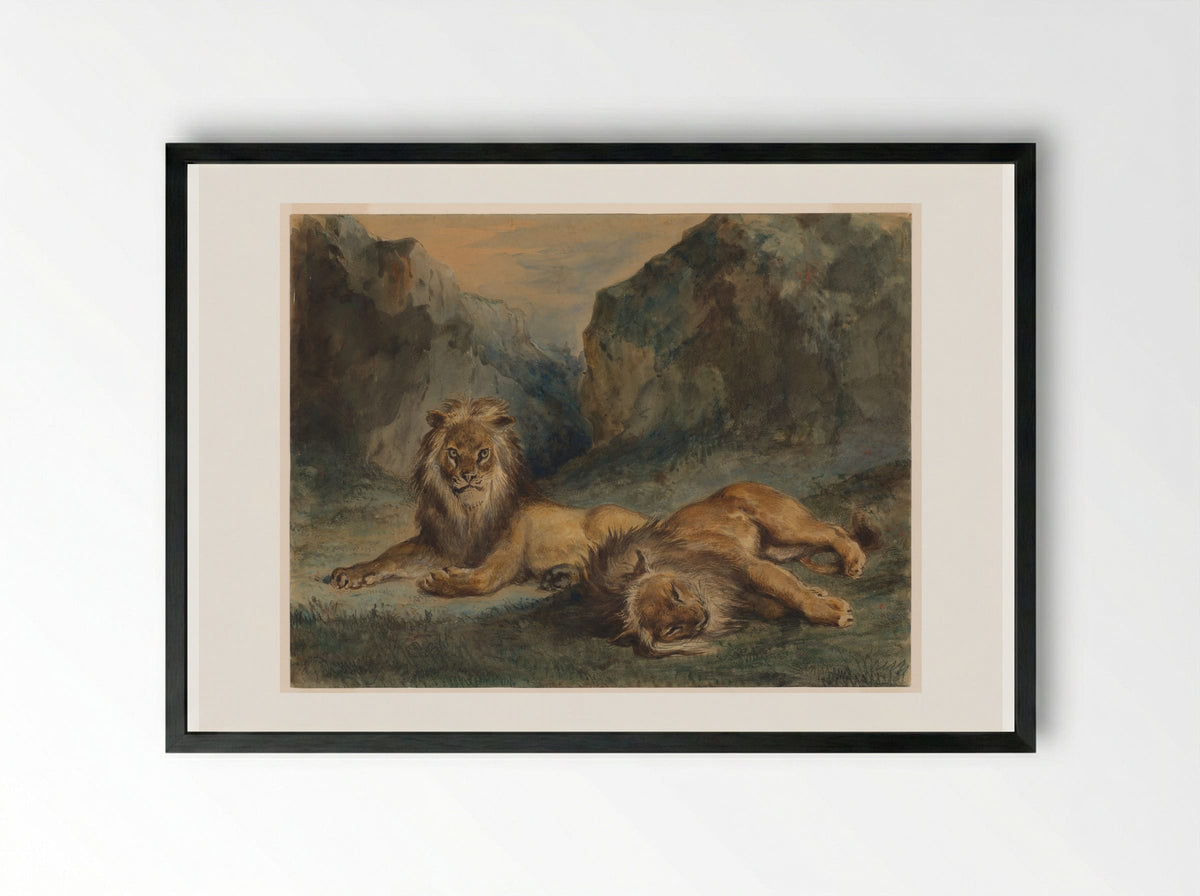 Two Lions Resting - Ferdinand-Victor-Eugène Delacroix - Framed Print Black