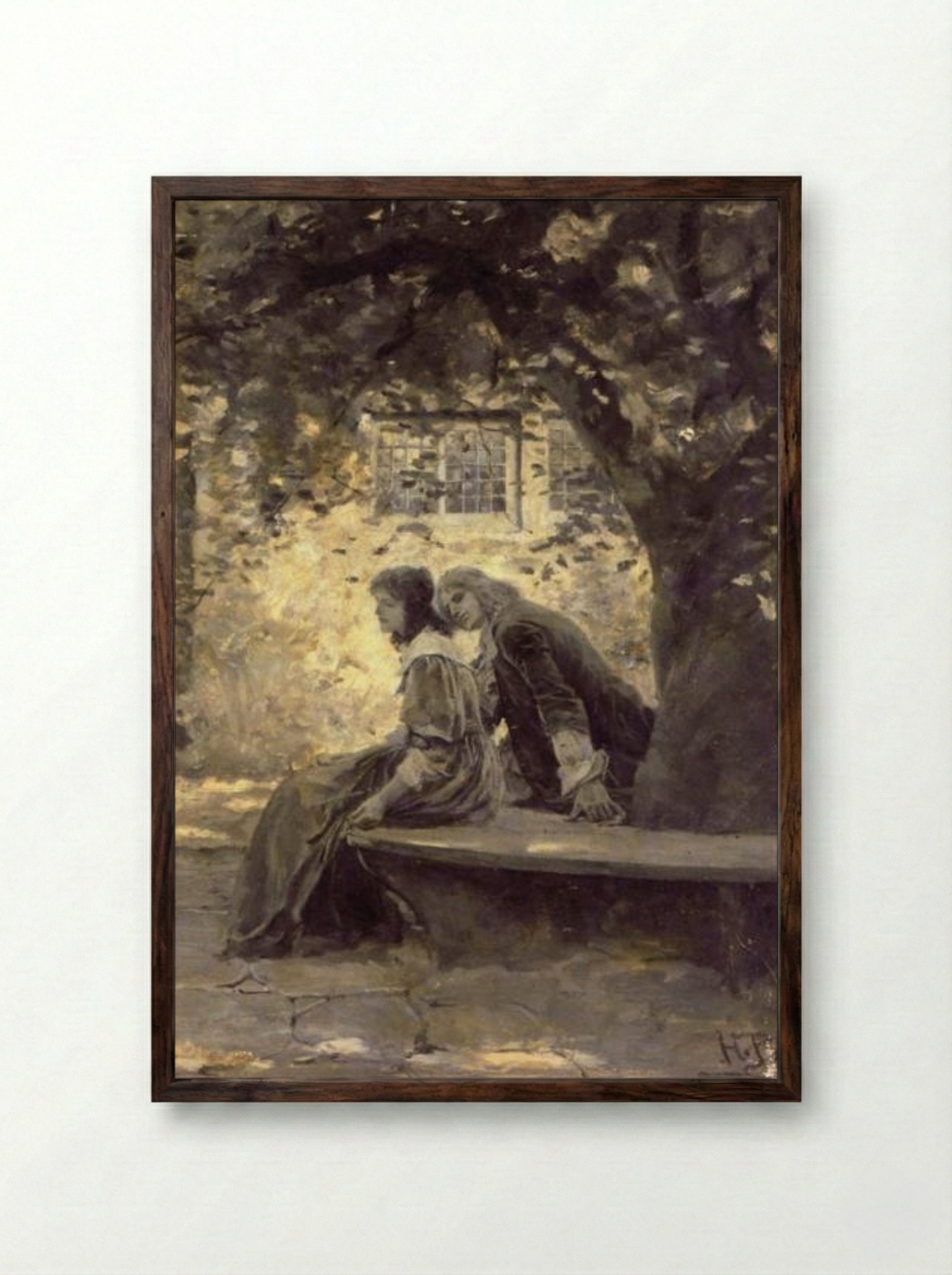 Two Lovers in a Garden - Howard Pyle - Framed Print Dark Wood