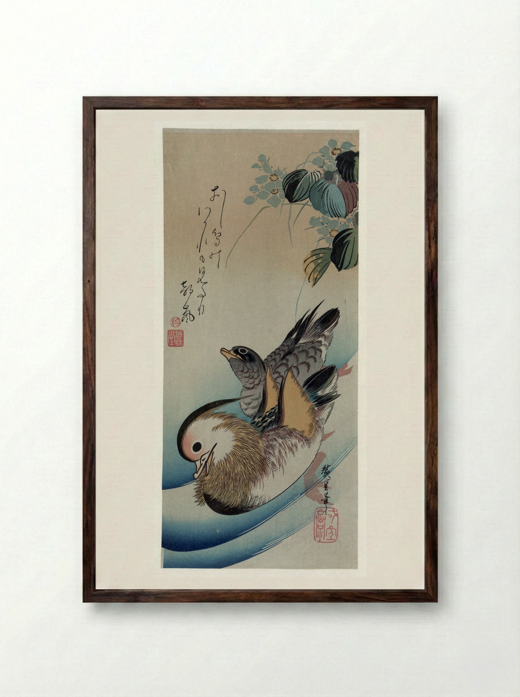 Two Mandarin Ducks - Utagawa Hiroshige - Framed Print Dark Wood