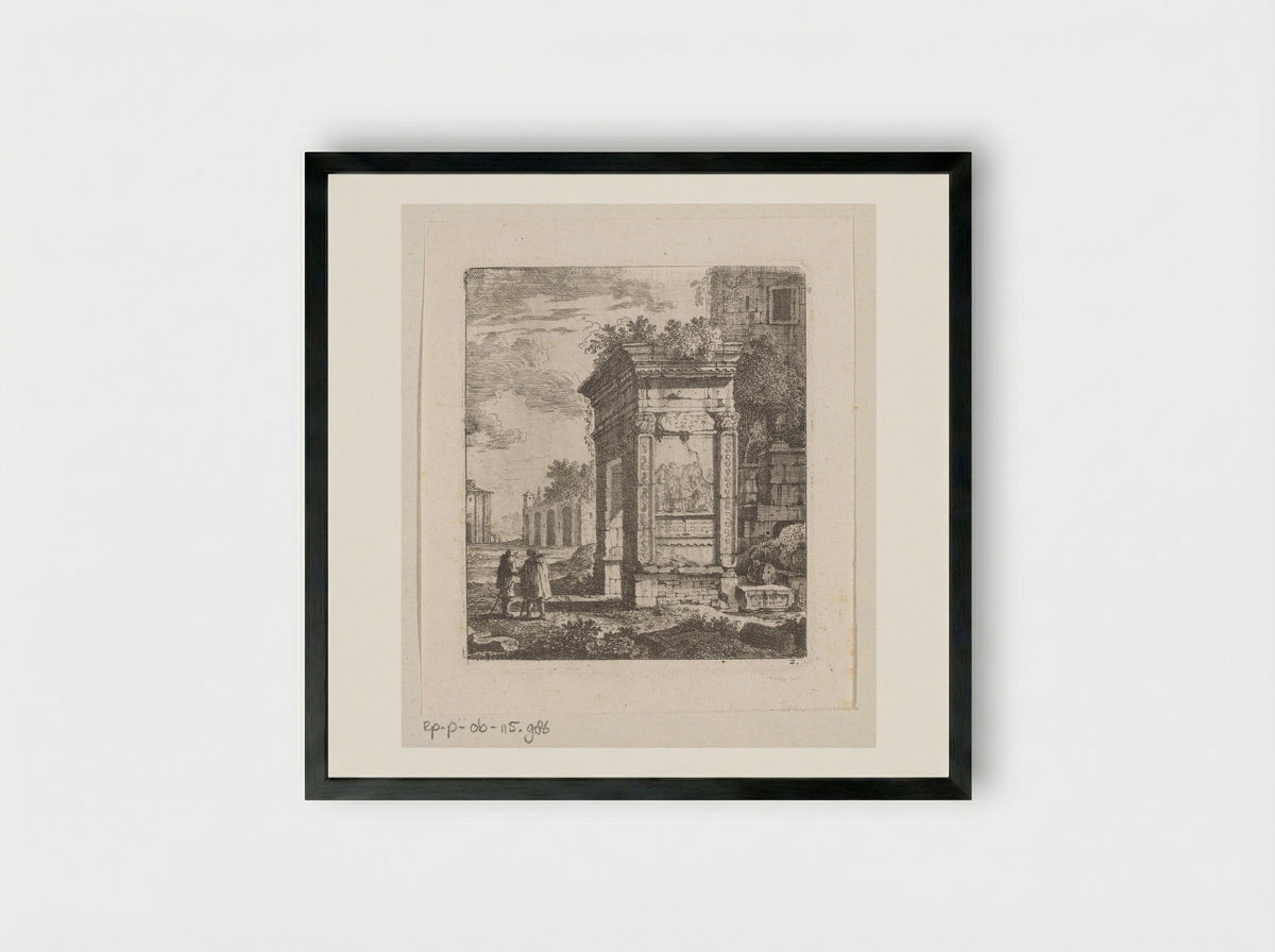 Two Men Beside the Ruins of a Gate in Rome - Johann Franz Ermels - Framed Print Black
