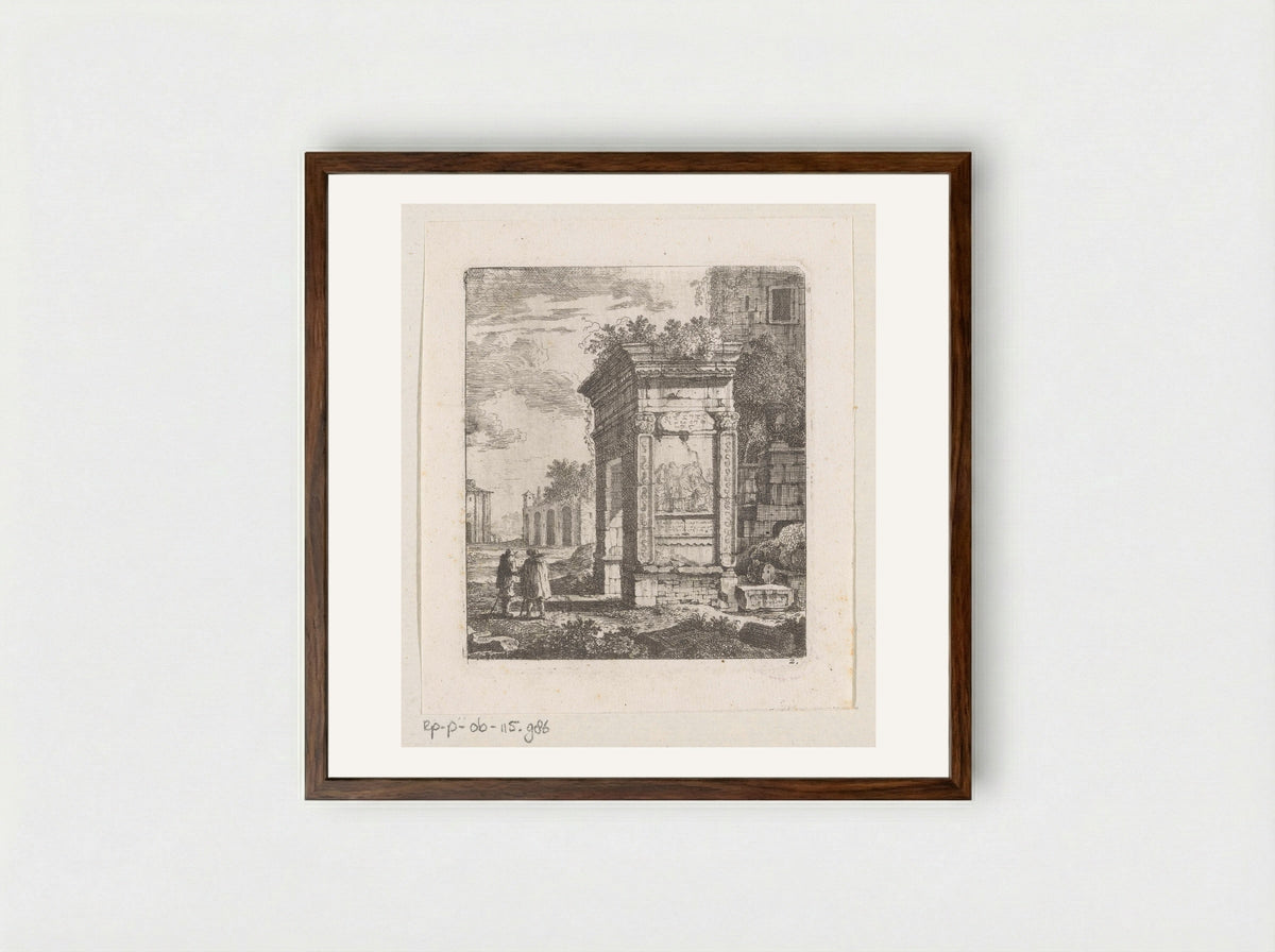 Two Men Beside the Ruins of a Gate in Rome - Johann Franz Ermels - Framed Print Dark Wood