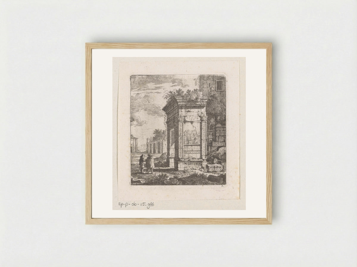 Two Men Beside the Ruins of a Gate in Rome - Johann Franz Ermels - Framed Print Wood