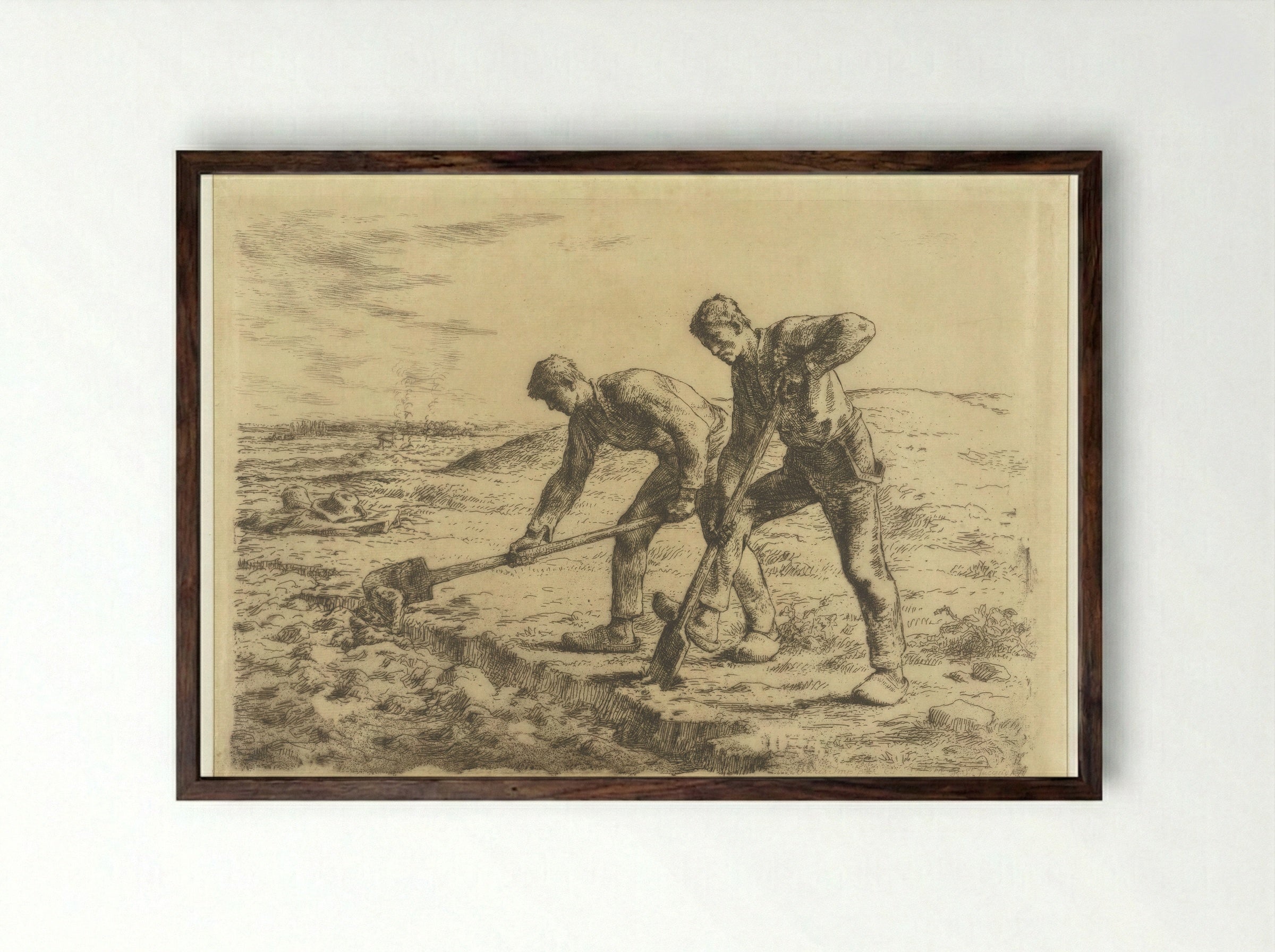 Two Men Digging - Jean-François Millet - Framed Print Dark Wood