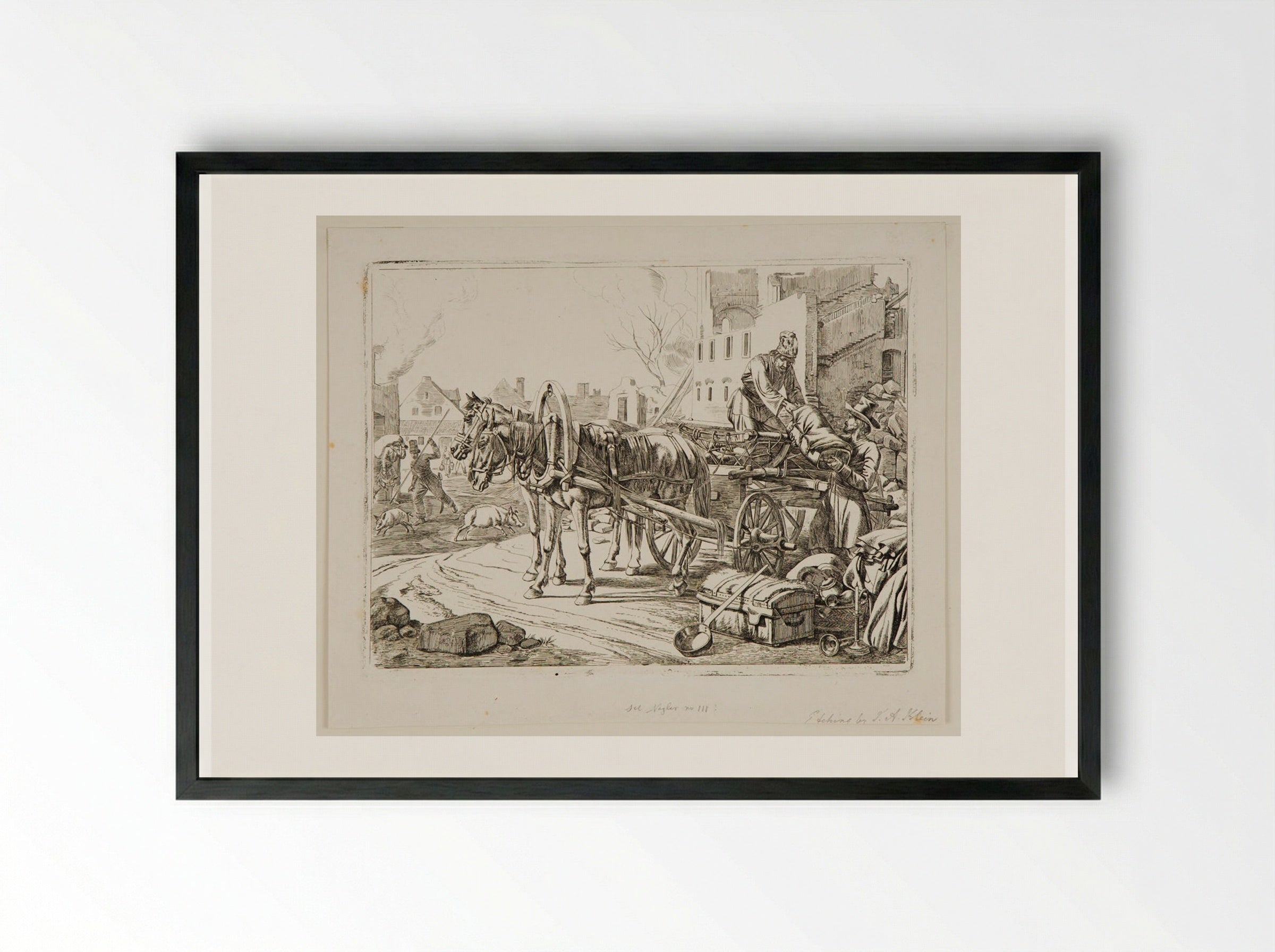 Two Men Loading a Wagon in the Street - Johann Adam Klein - Framed Print Black