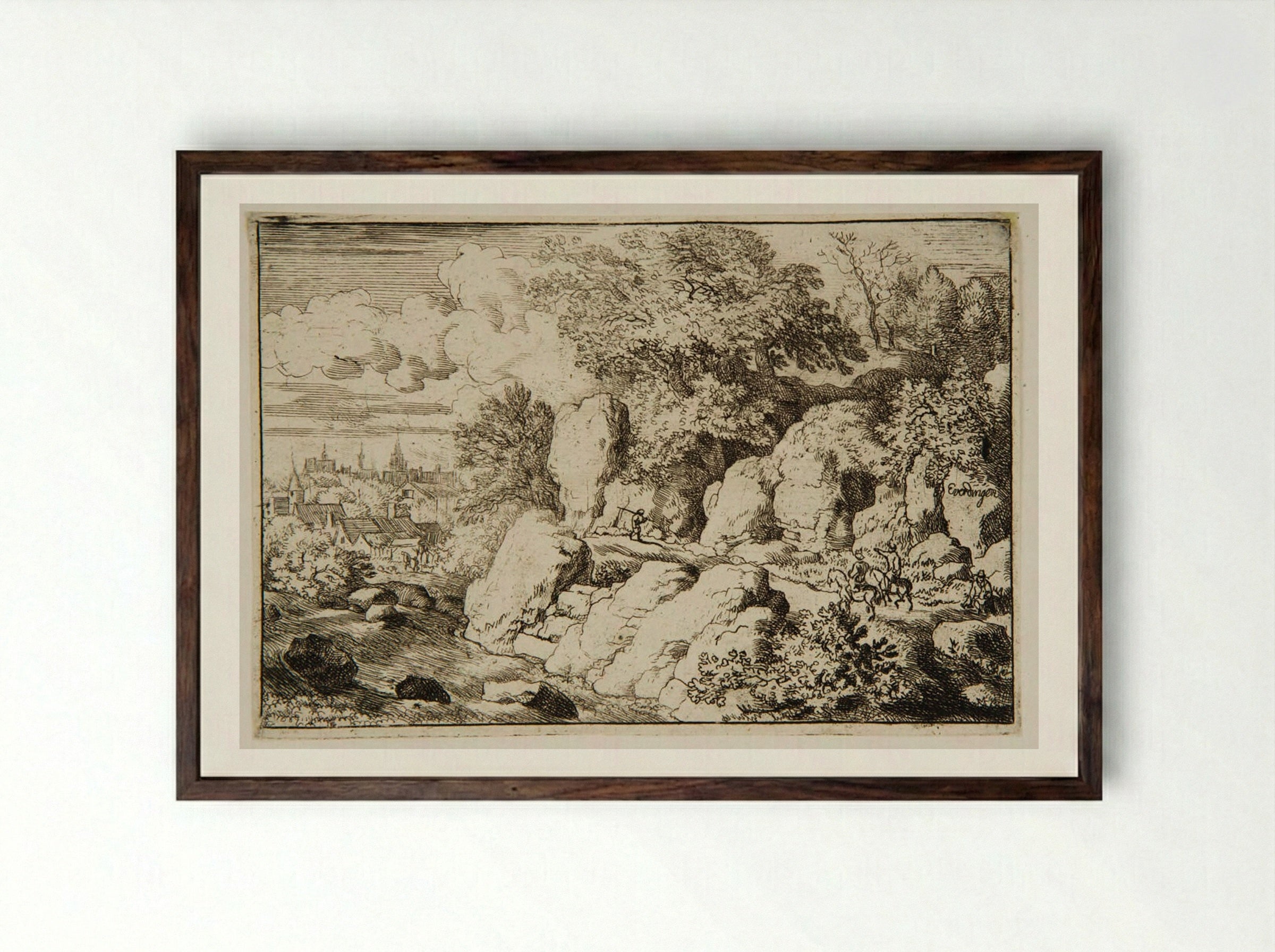 Two Men Riding Along Rocks - Allart van Everdingen - Framed Print Dark Wood