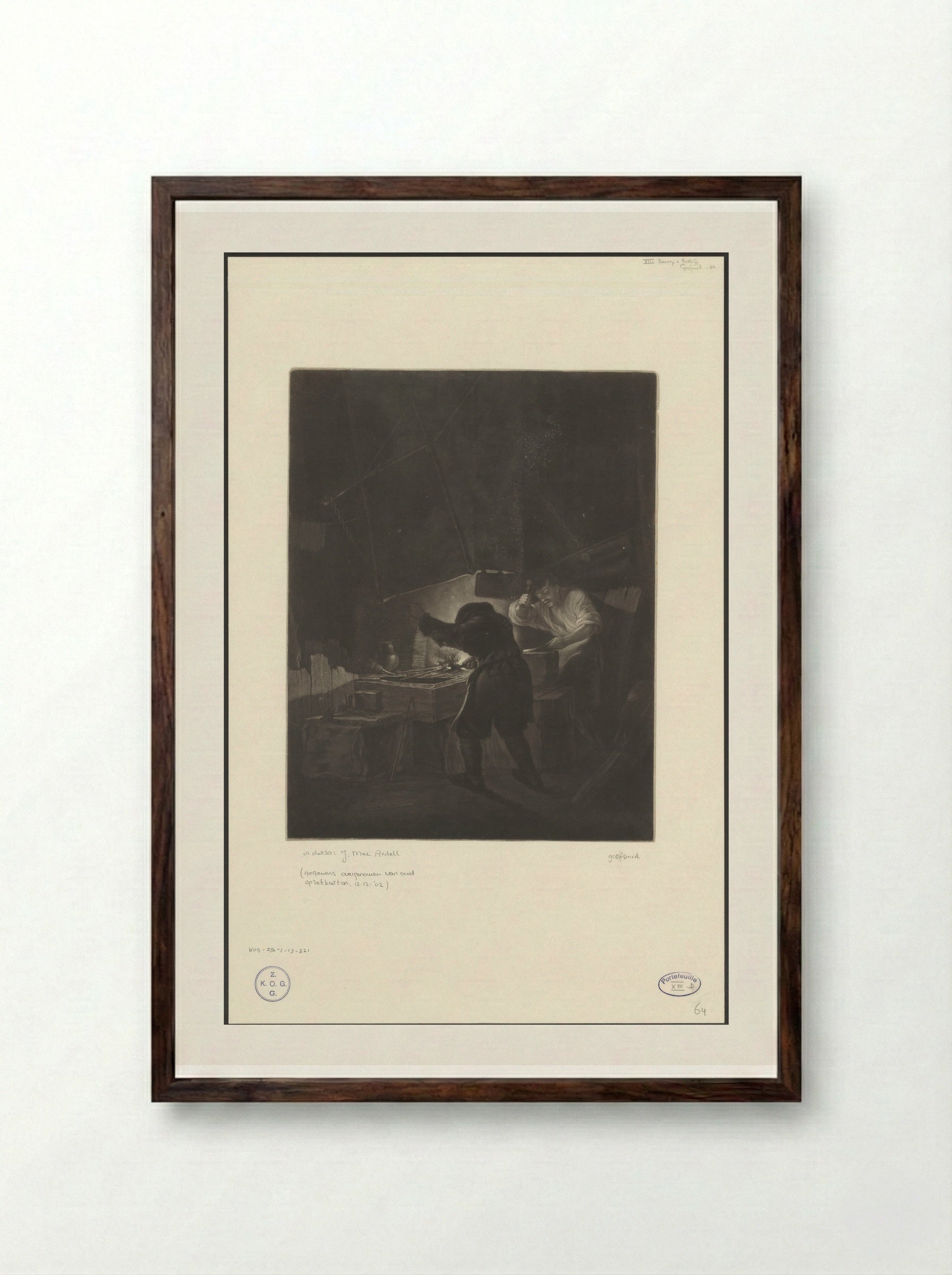 Two Men Working in a Smithy - James McArdell - Framed Print Dark Wood
