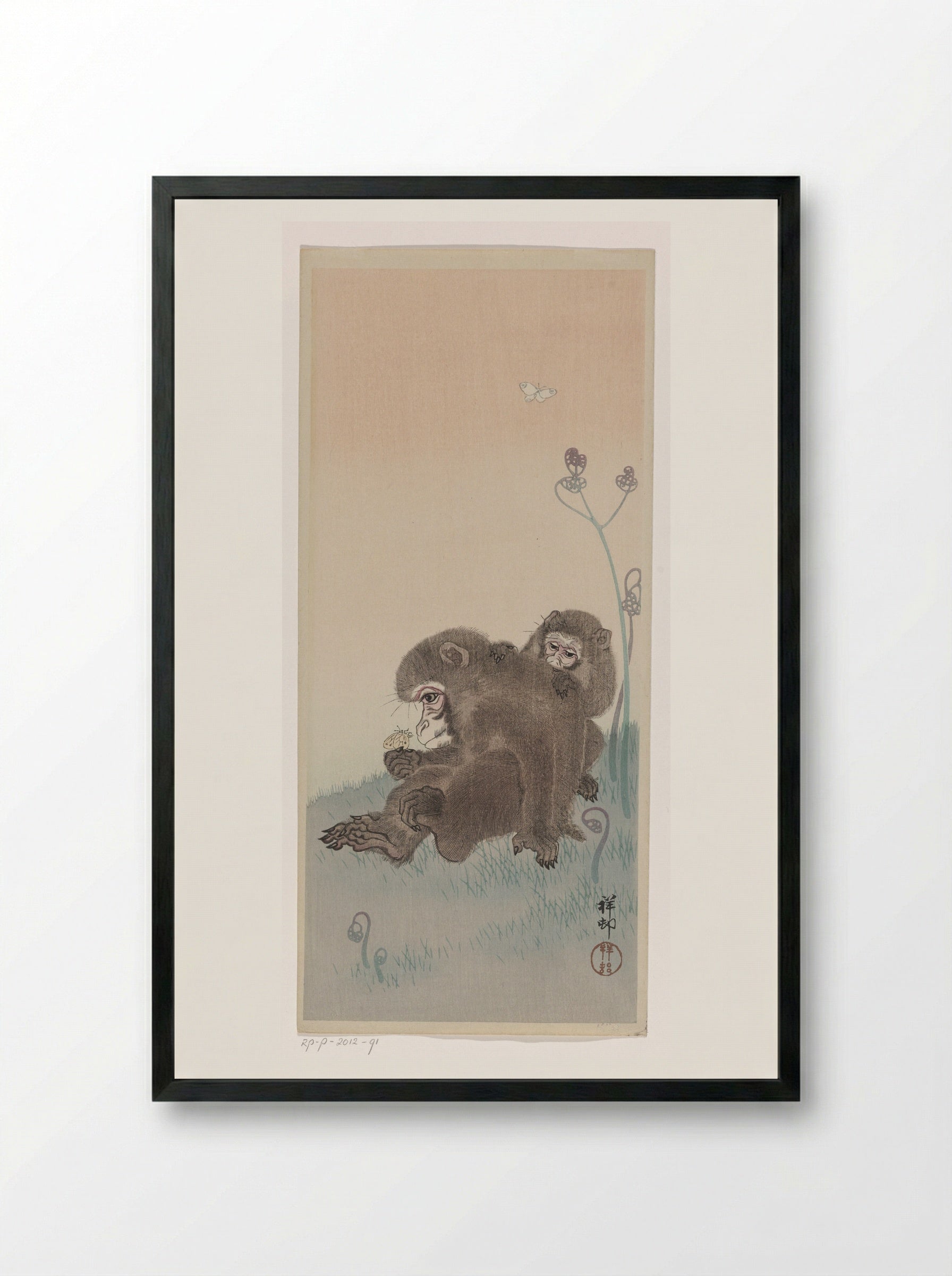 Two Monkeys with Butterfly - Ohara Koson - Framed Print Black