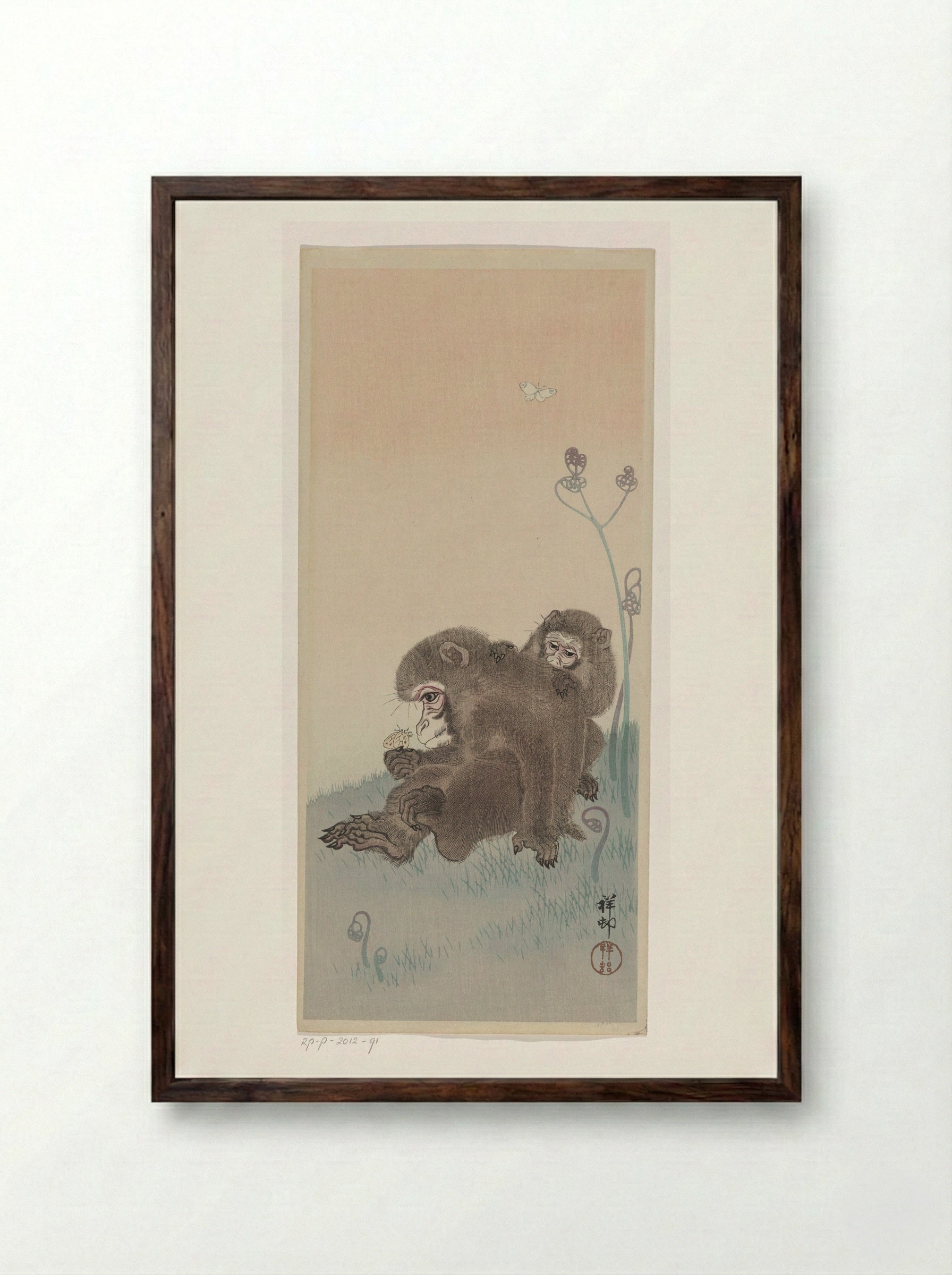 Two Monkeys with Butterfly - Ohara Koson - Framed Print Dark Wood