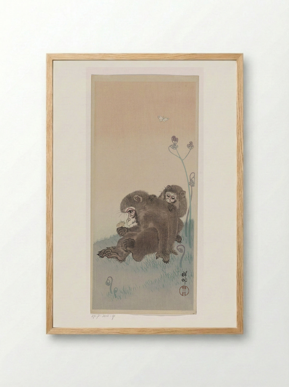 Two Monkeys with Butterfly - Ohara Koson - Framed Print Wood