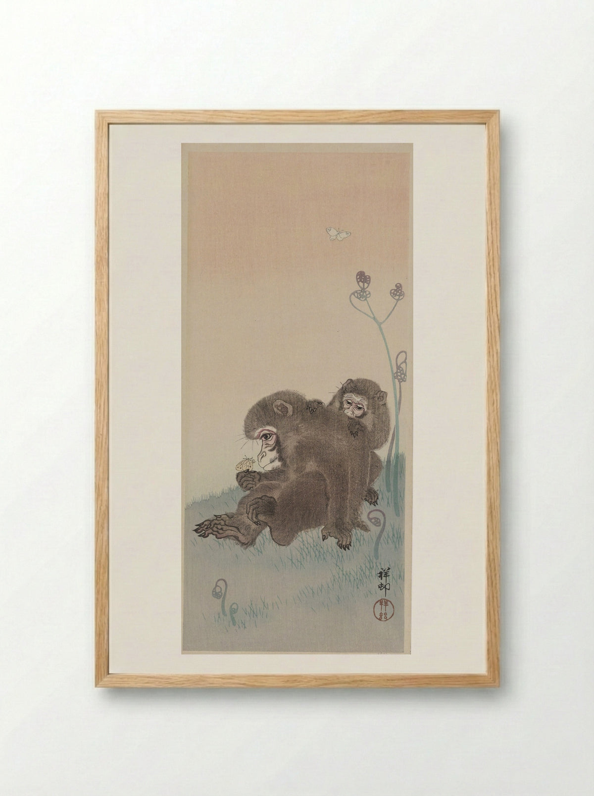 Two Monkeys with Butterfly - Ohara Koson - Framed Print Wood