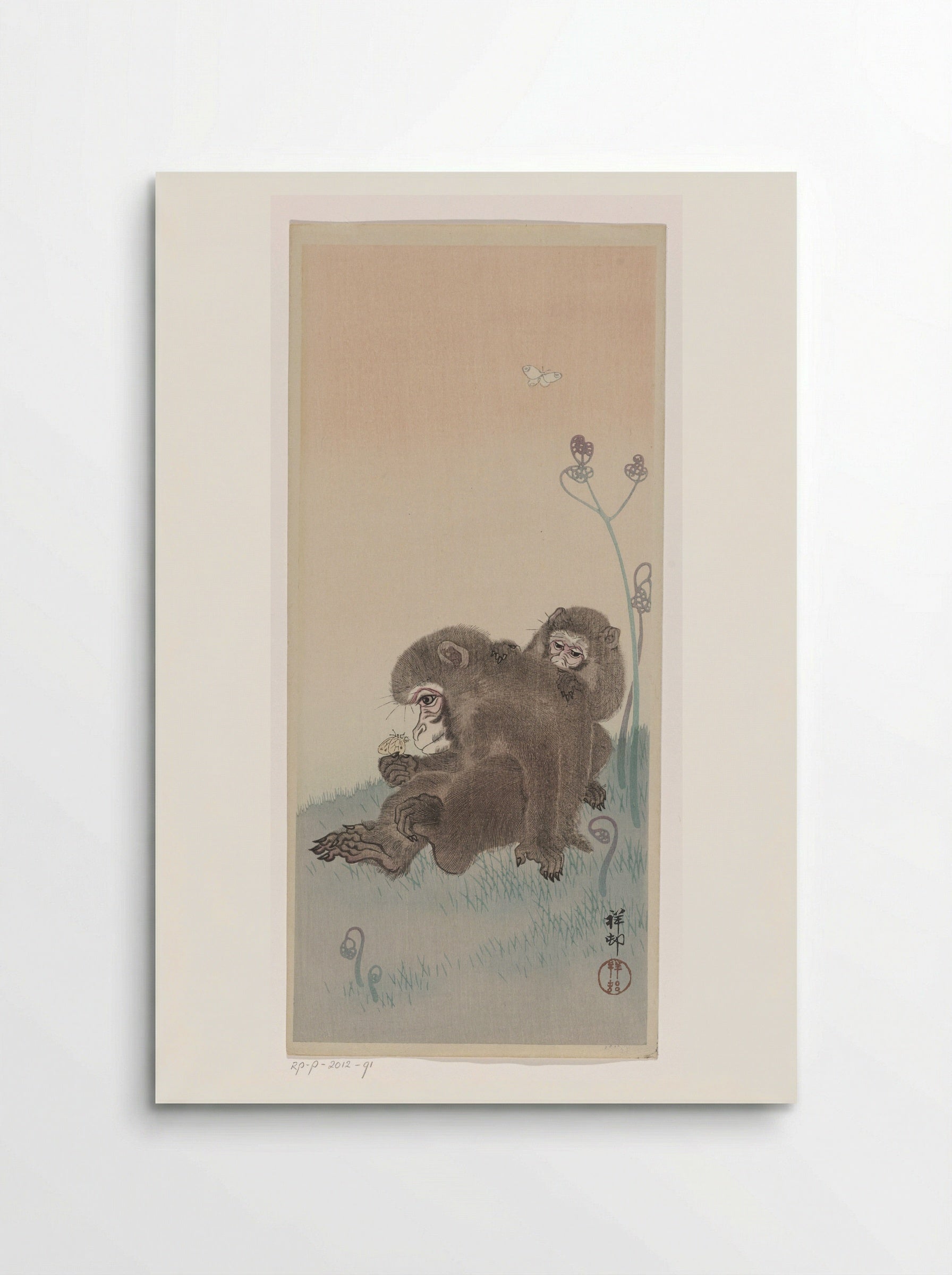 Two Monkeys with Butterfly - Ohara Koson - Poster