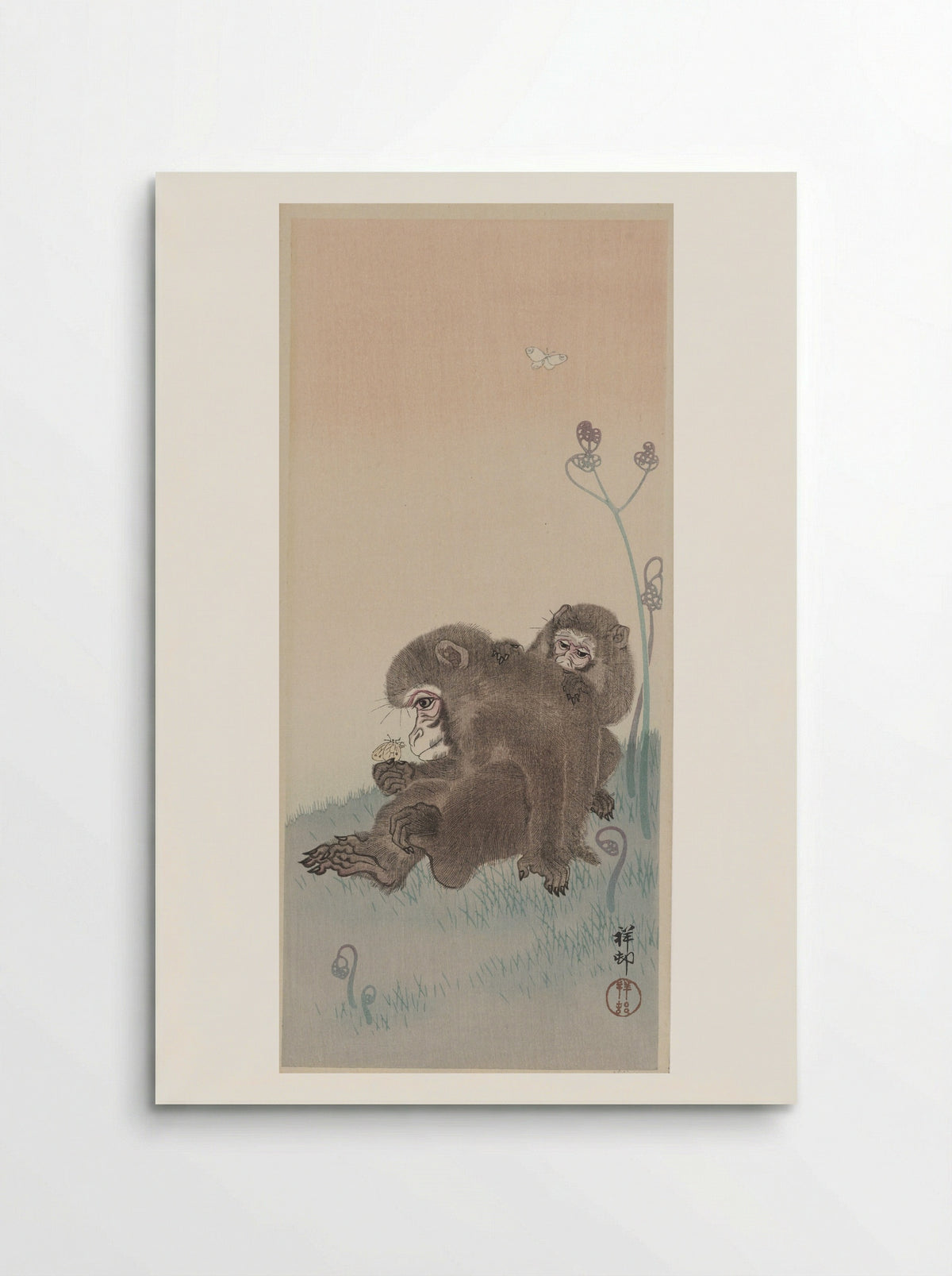 Two Monkeys with Butterfly - Ohara Koson - Poster