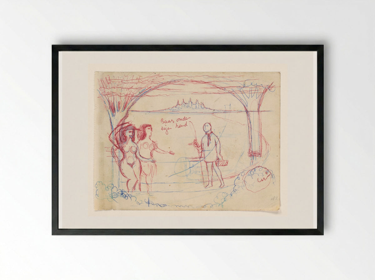 Two Nude Women with a Fisherman in a Coastal Setting - Willem Westbroek - Framed Print Black