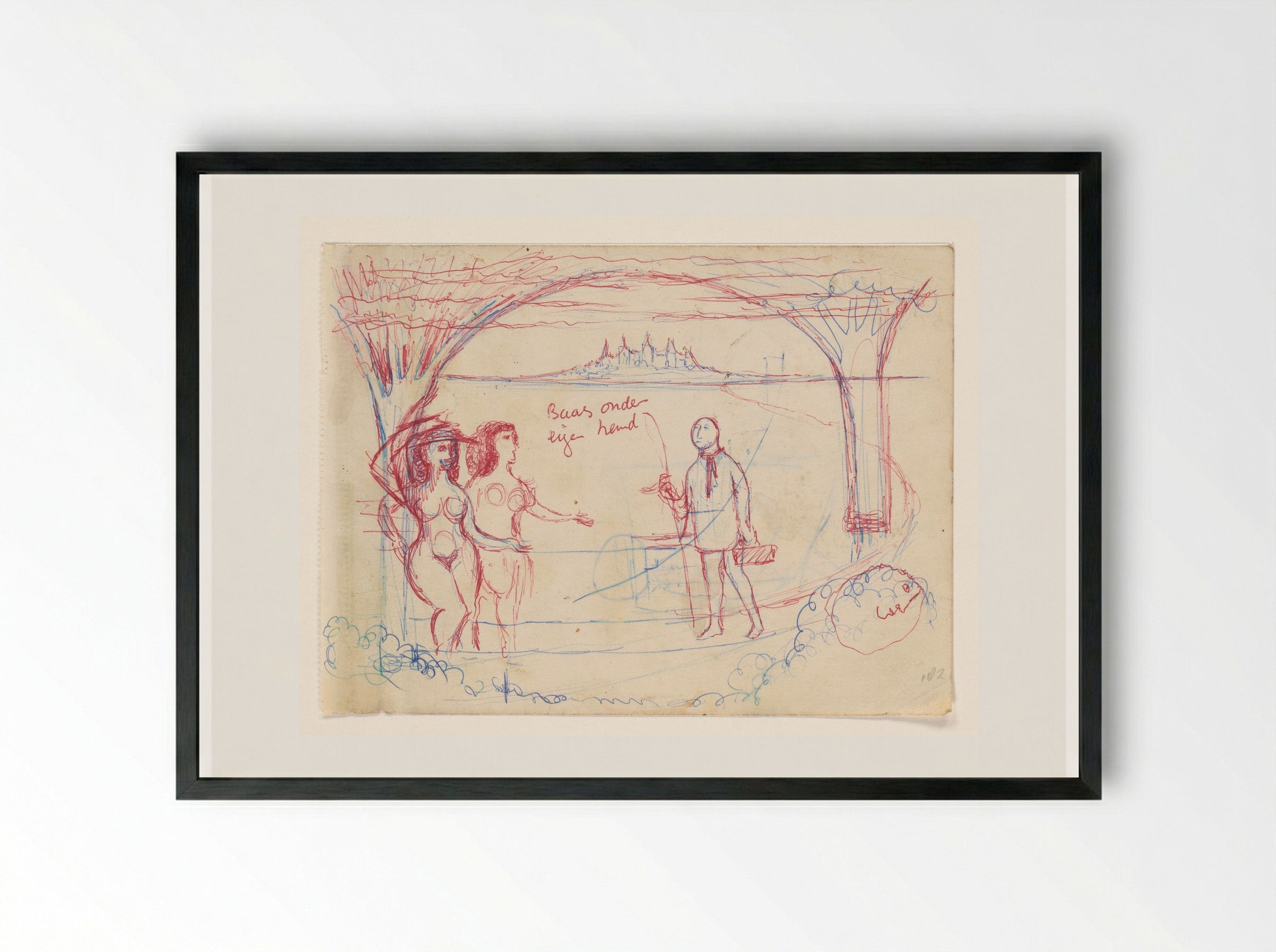 Two Nude Women with a Fisherman in a Coastal Setting - Willem Westbroek - Framed Print Black