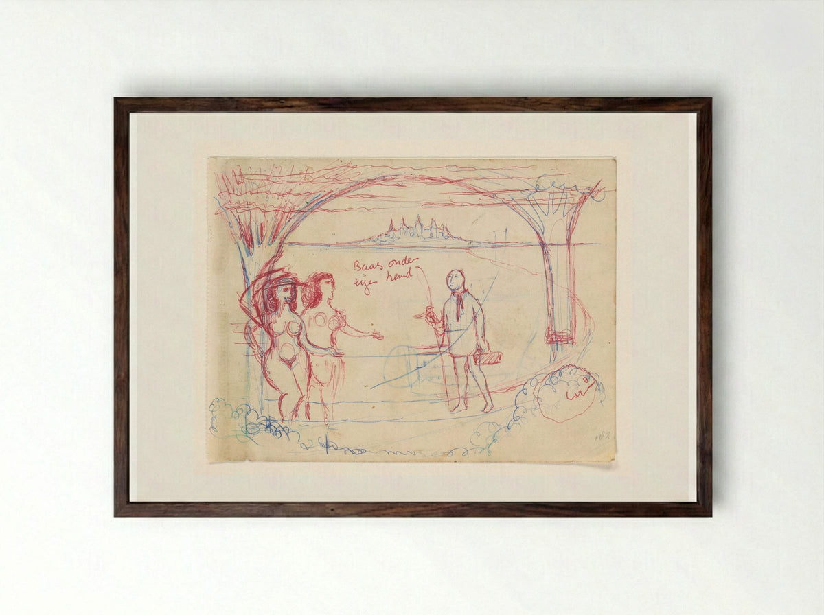 Two Nude Women with a Fisherman in a Coastal Setting - Willem Westbroek - Framed Print Dark Wood