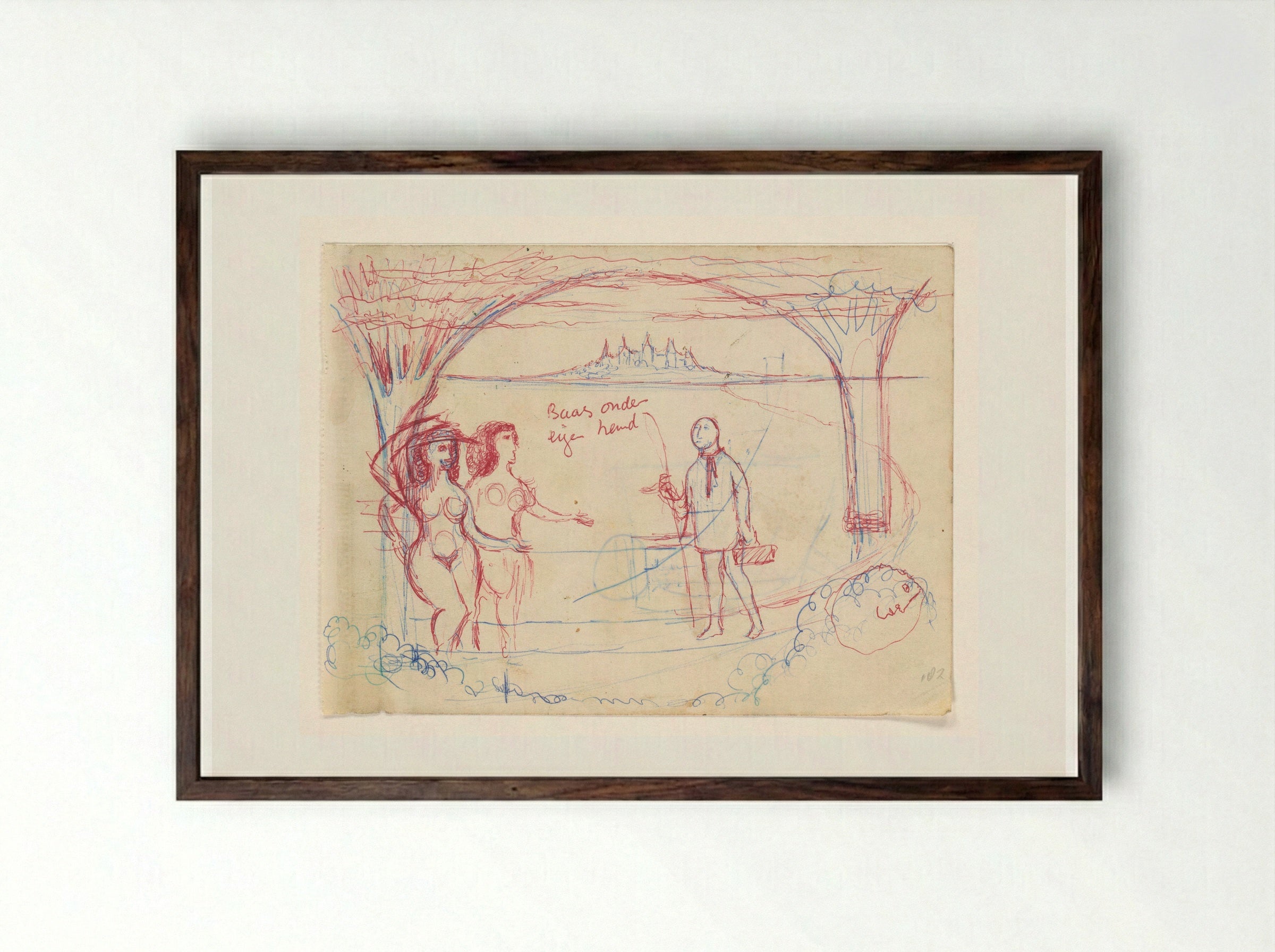 Two Nude Women with a Fisherman in a Coastal Setting - Willem Westbroek - Framed Print Dark Wood