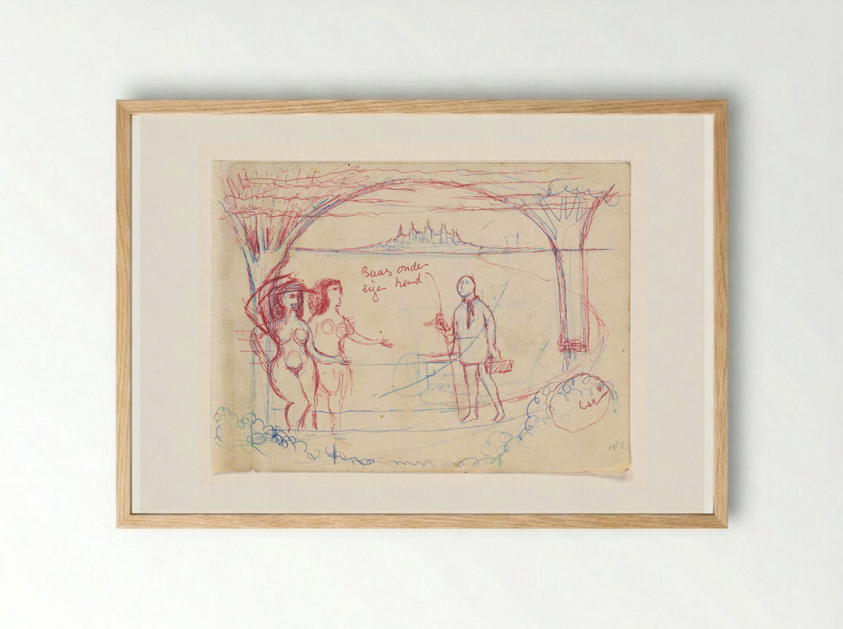 Two Nude Women with a Fisherman in a Coastal Setting - Willem Westbroek - Framed Print Wood