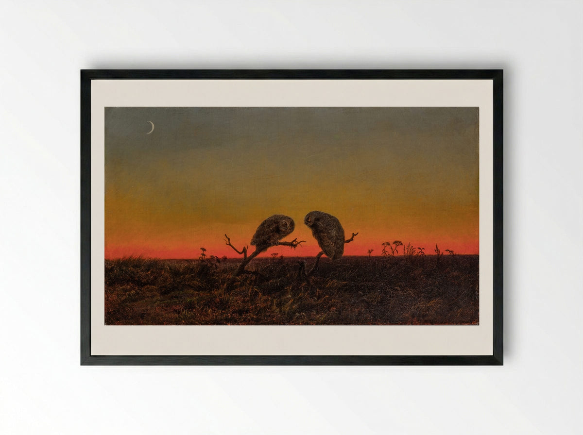 Two Owls at Sunset - Fine Art Print - Framed Print Black