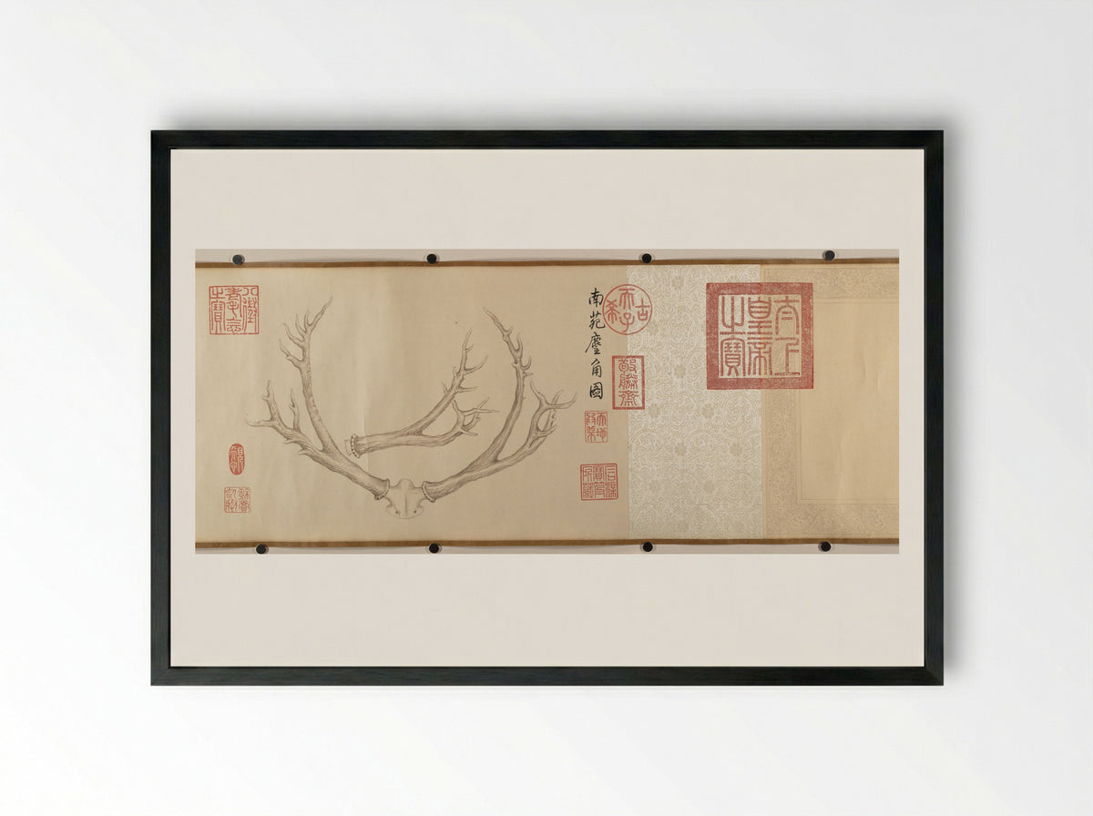 Two Paintings of Deer Antlers - Qianlong Emperor - Framed Print Black