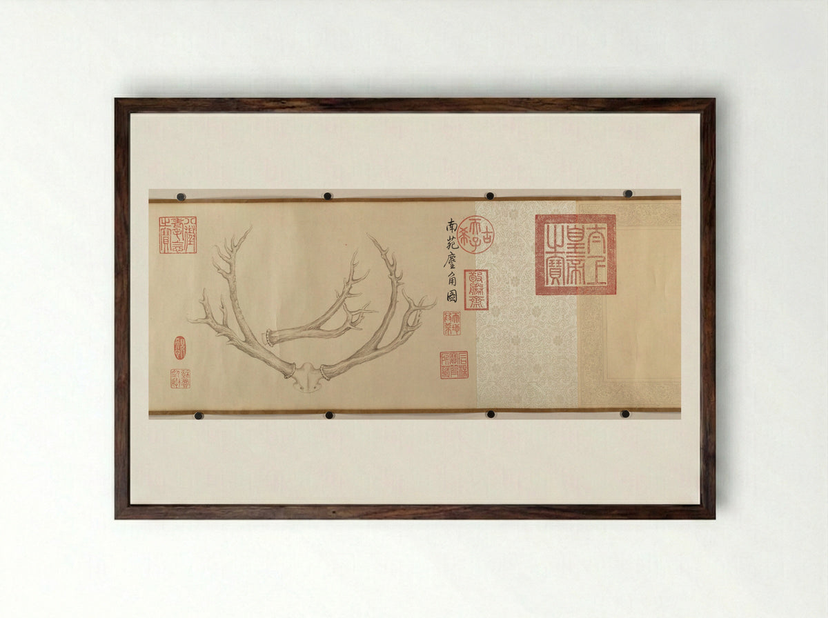 Two Paintings of Deer Antlers - Qianlong Emperor - Framed Print Dark Wood