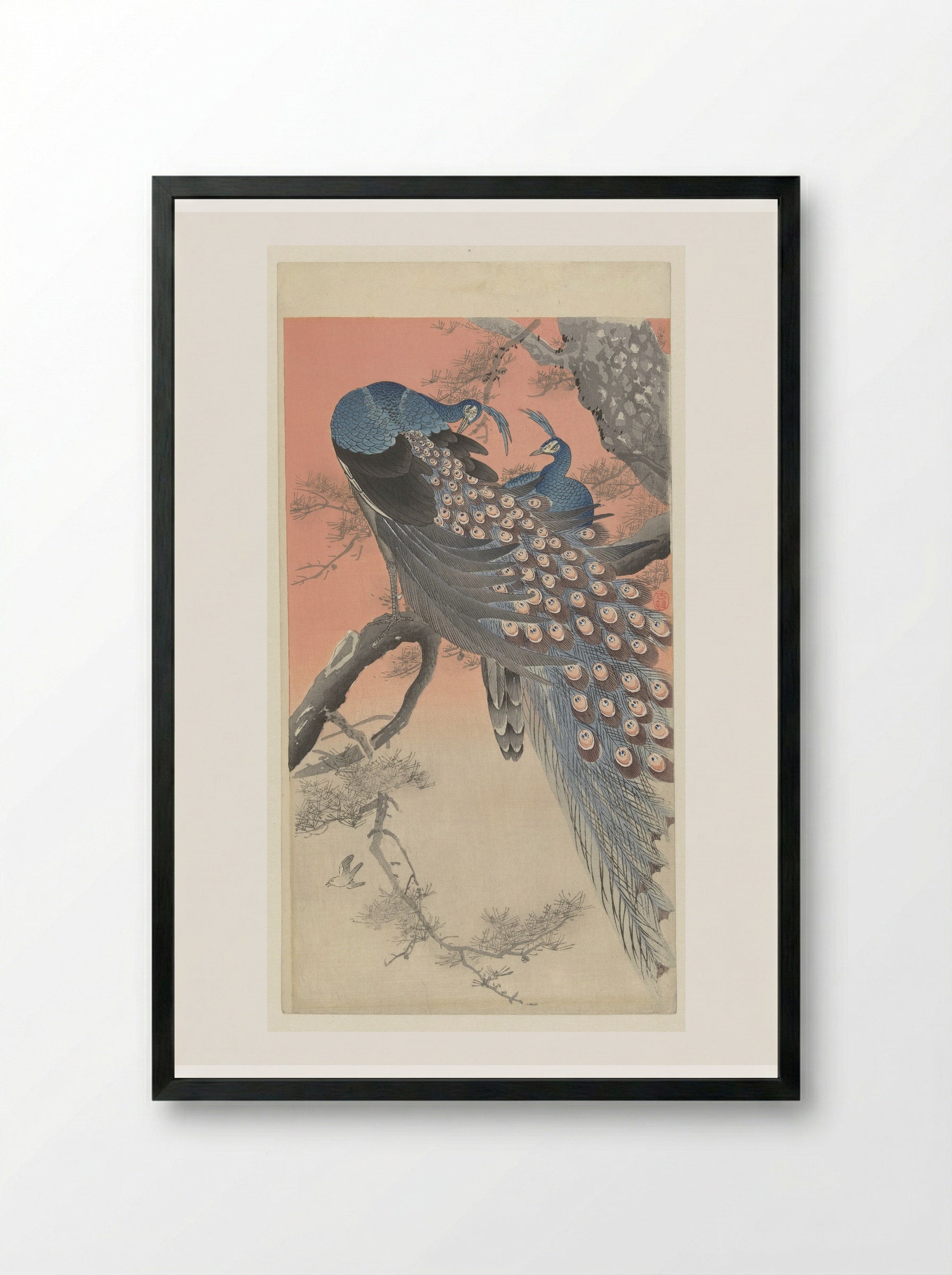 Two Peacocks on a Pine Branch - Matsuki Heikichi - Framed Print Black