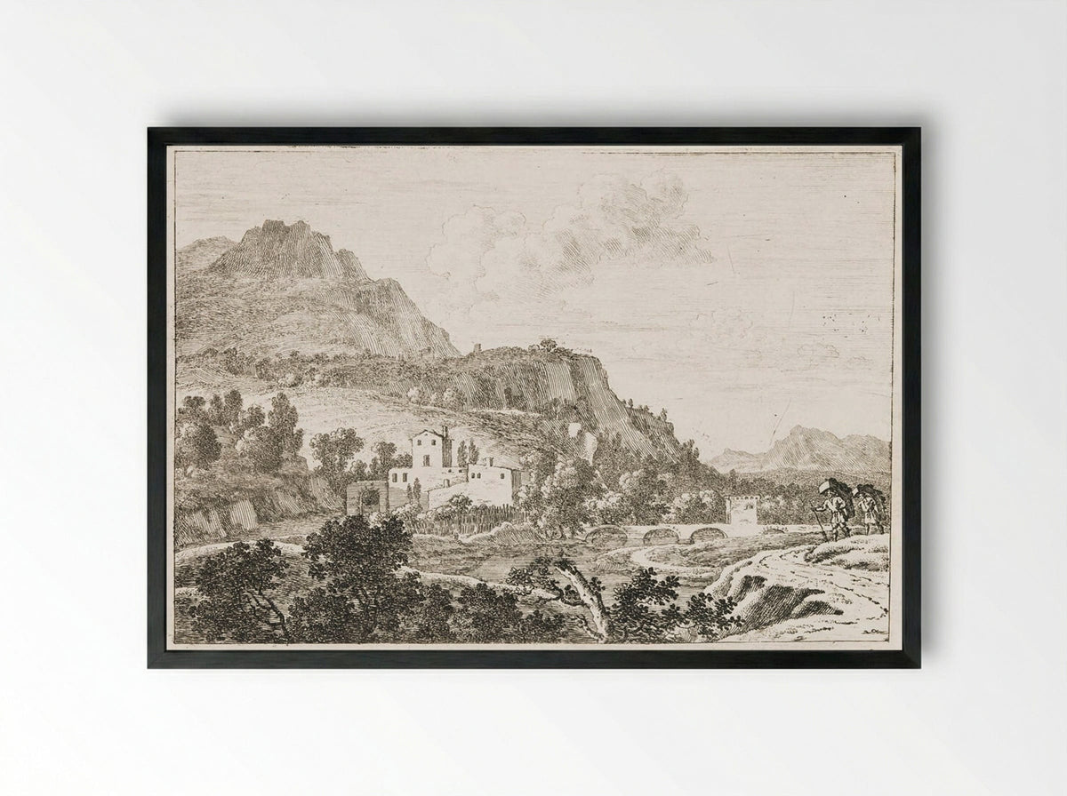 Two Pedlars on a Path to Right of a River - Herman van Swanevelt - Framed Print Black