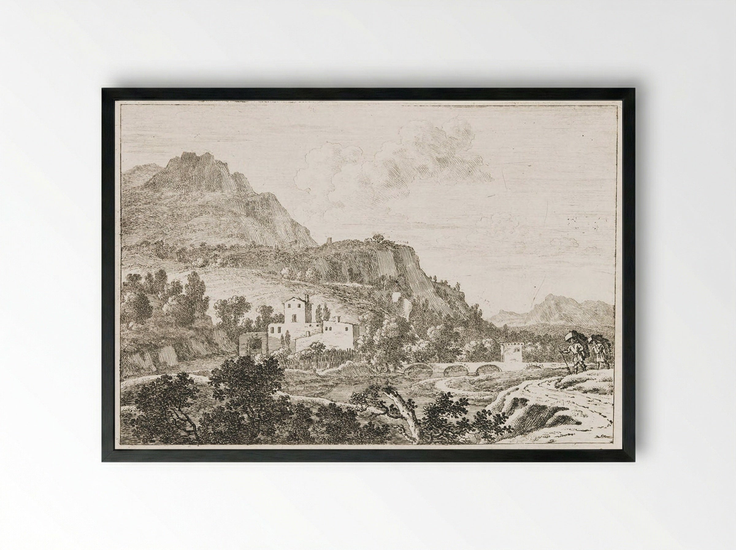 Two Pedlars on a Path to Right of a River - Herman van Swanevelt - Framed Print Black