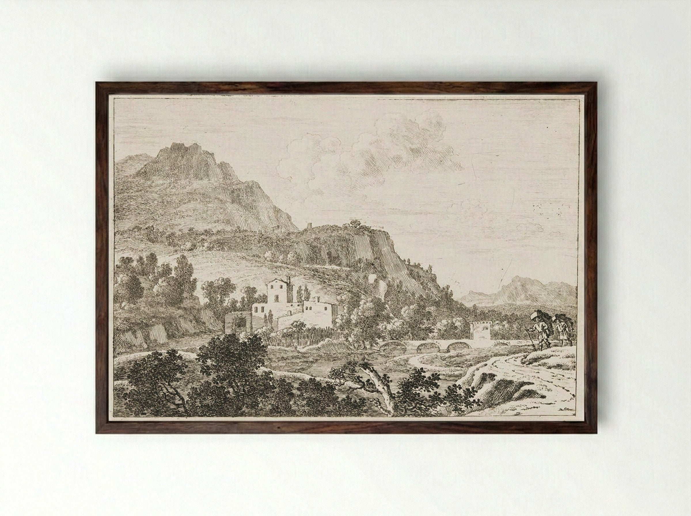 Two Pedlars on a Path to Right of a River - Herman van Swanevelt - Framed Print Dark Wood
