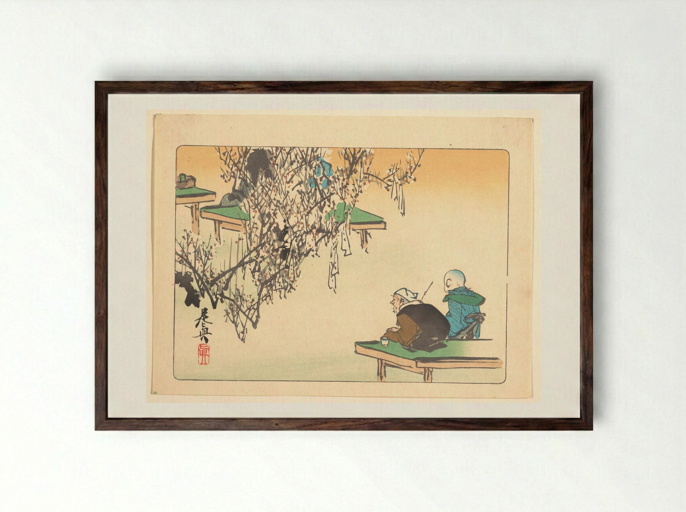 Two Pilgrims Gazing at a Tree Festooned with Prayers - Shibata Zeshin - Framed Print Dark Wood