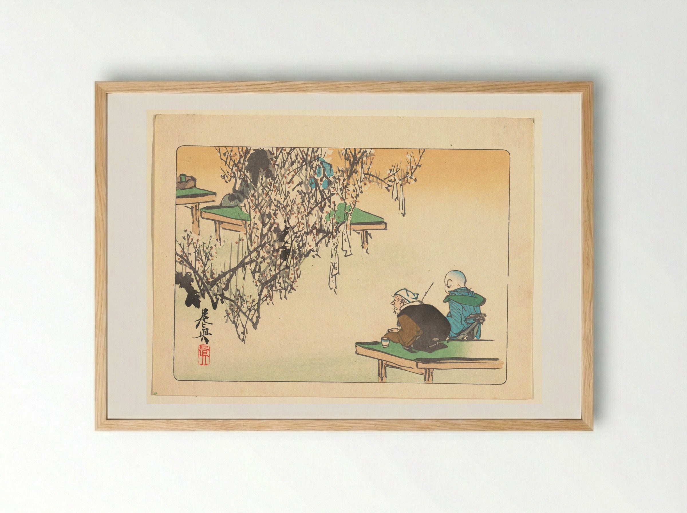 Two Pilgrims Gazing at a Tree Festooned with Prayers - Shibata Zeshin - Framed Print Wood