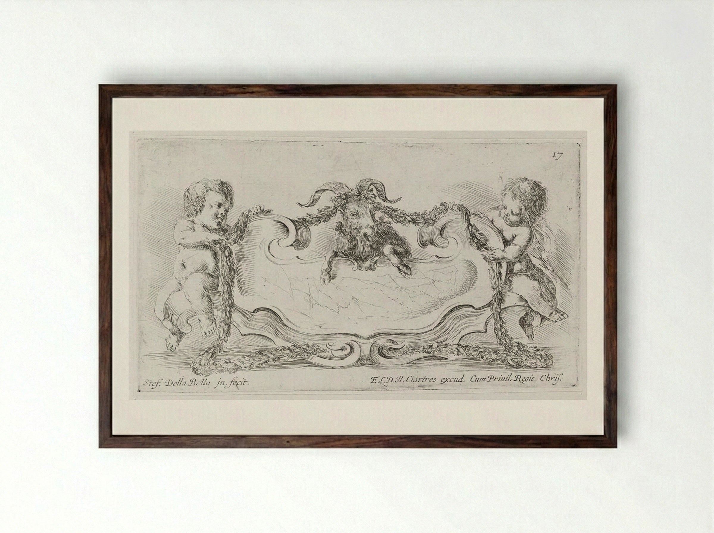 Two Putti Binding a Goat with Garlands - Stefano Della Bella - Framed Print Dark Wood