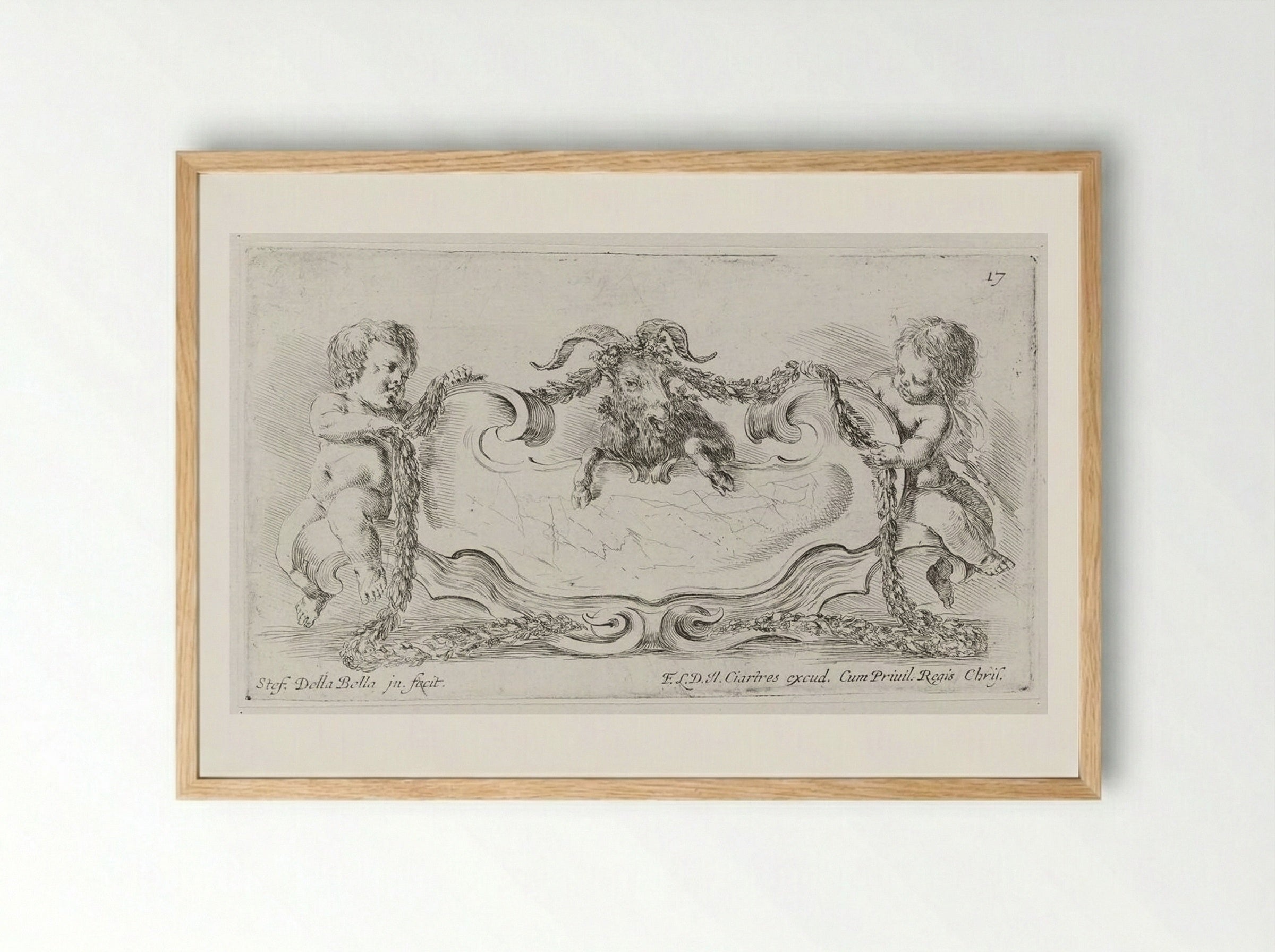 Two Putti Binding a Goat with Garlands - Stefano Della Bella - Framed Print Wood