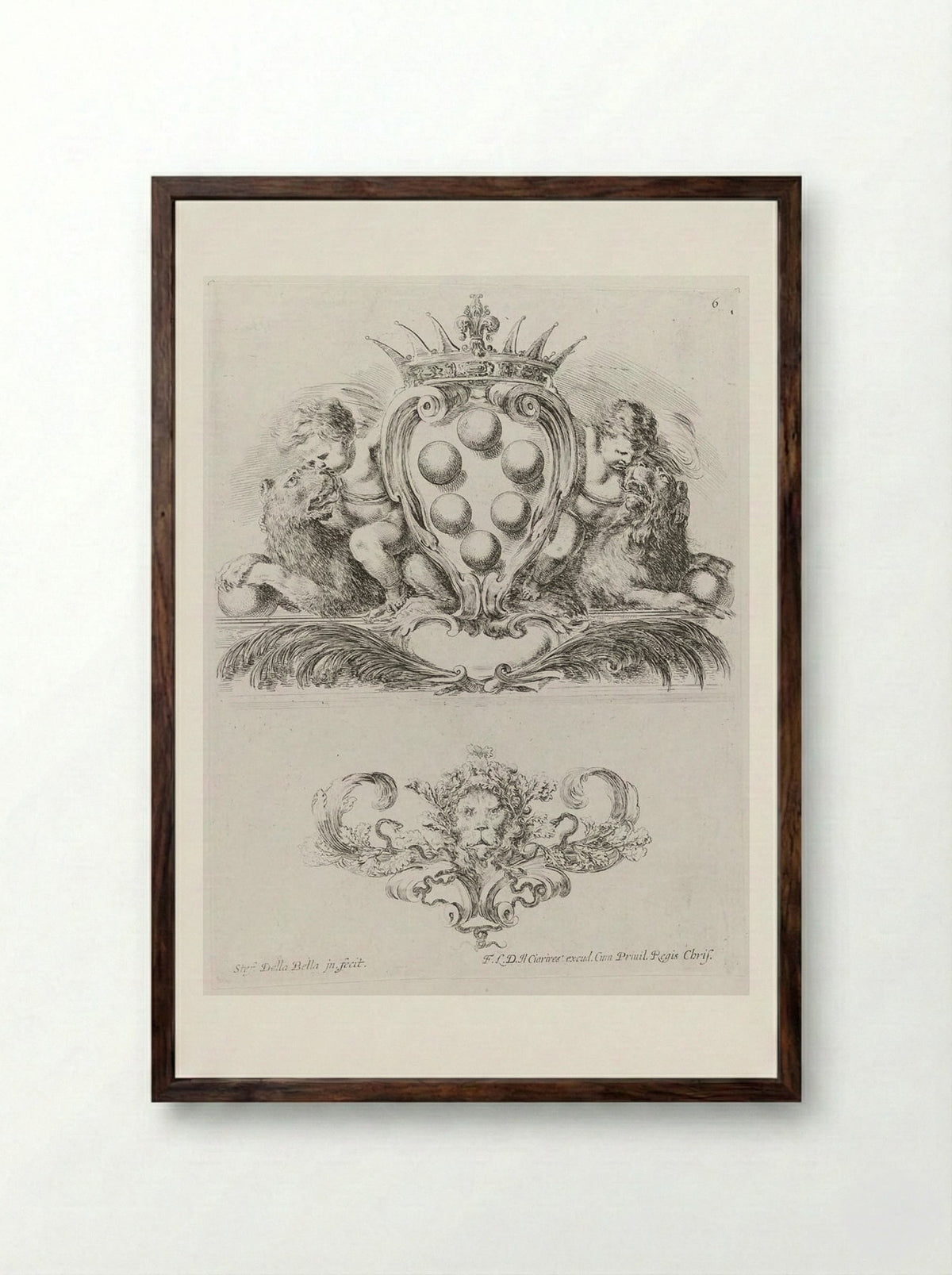 Two Putti Riding Lions Holding the Medici Coat of Arms - Stefano della Bella - Framed Print Dark Wood