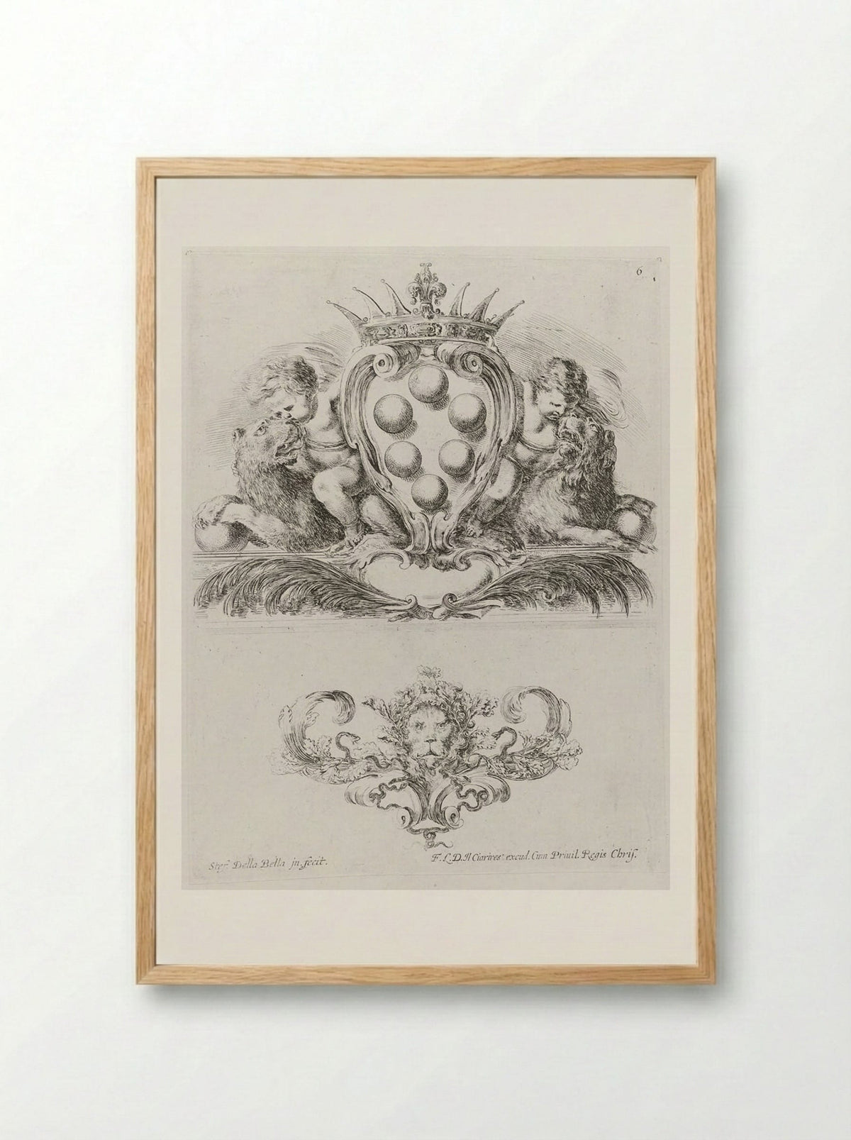 Two Putti Riding Lions Holding the Medici Coat of Arms - Stefano della Bella - Framed Print Wood