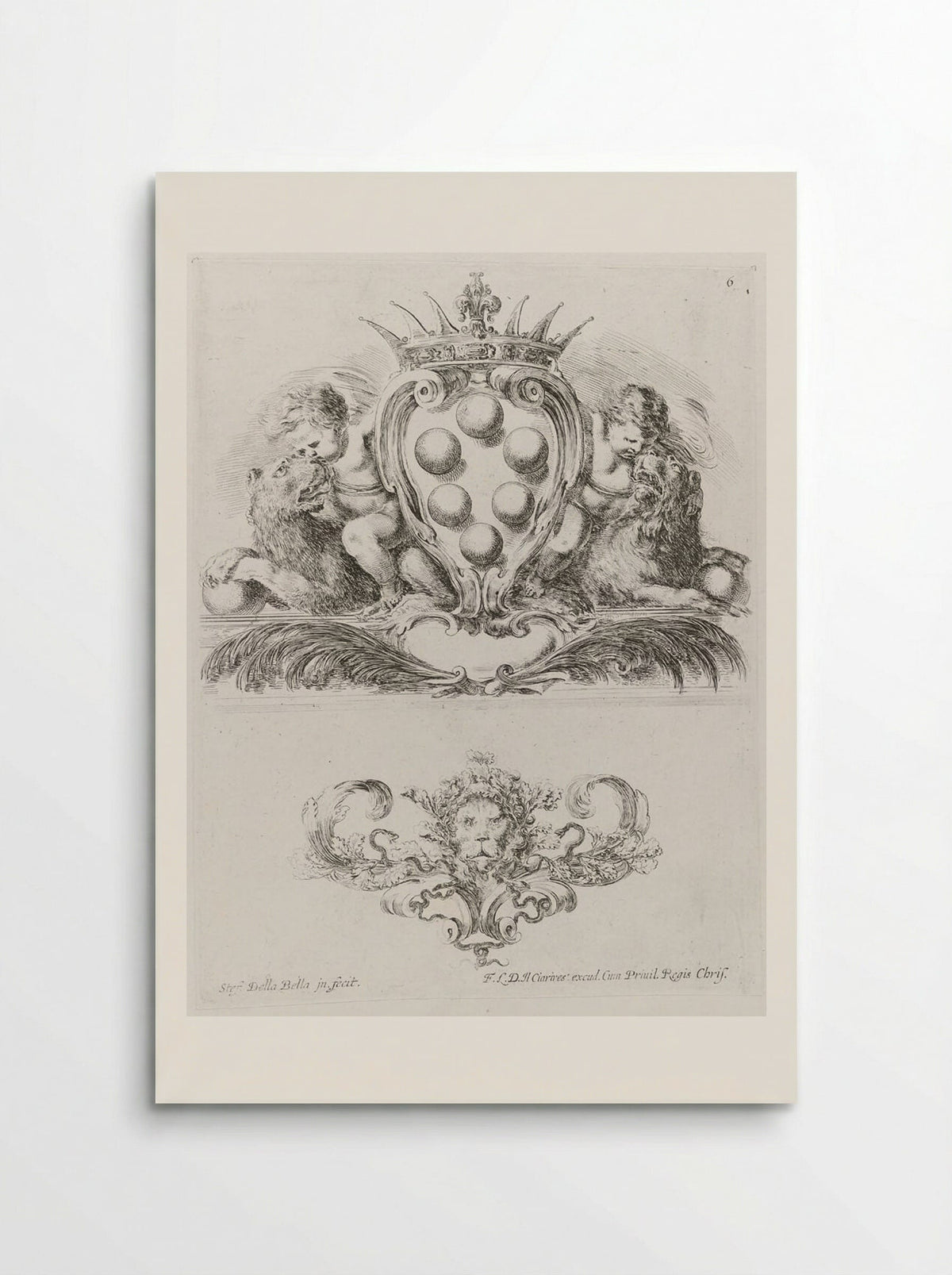 Two Putti Riding Lions Holding the Medici Coat of Arms - Stefano della Bella - Poster