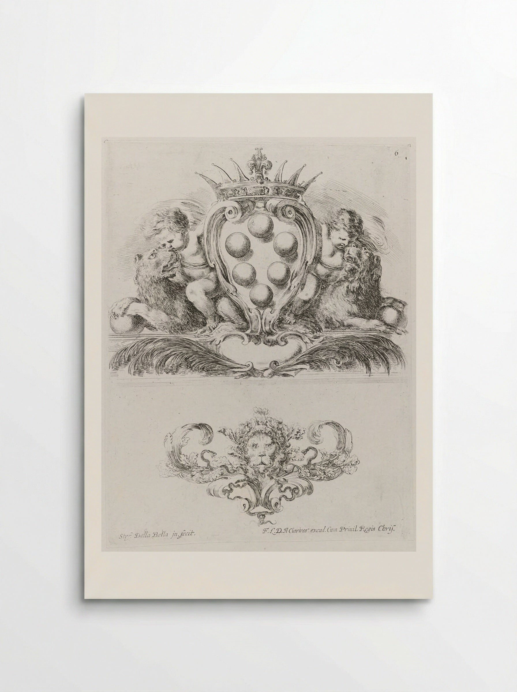 Two Putti Riding Lions Holding the Medici Coat of Arms - Stefano della Bella - Poster