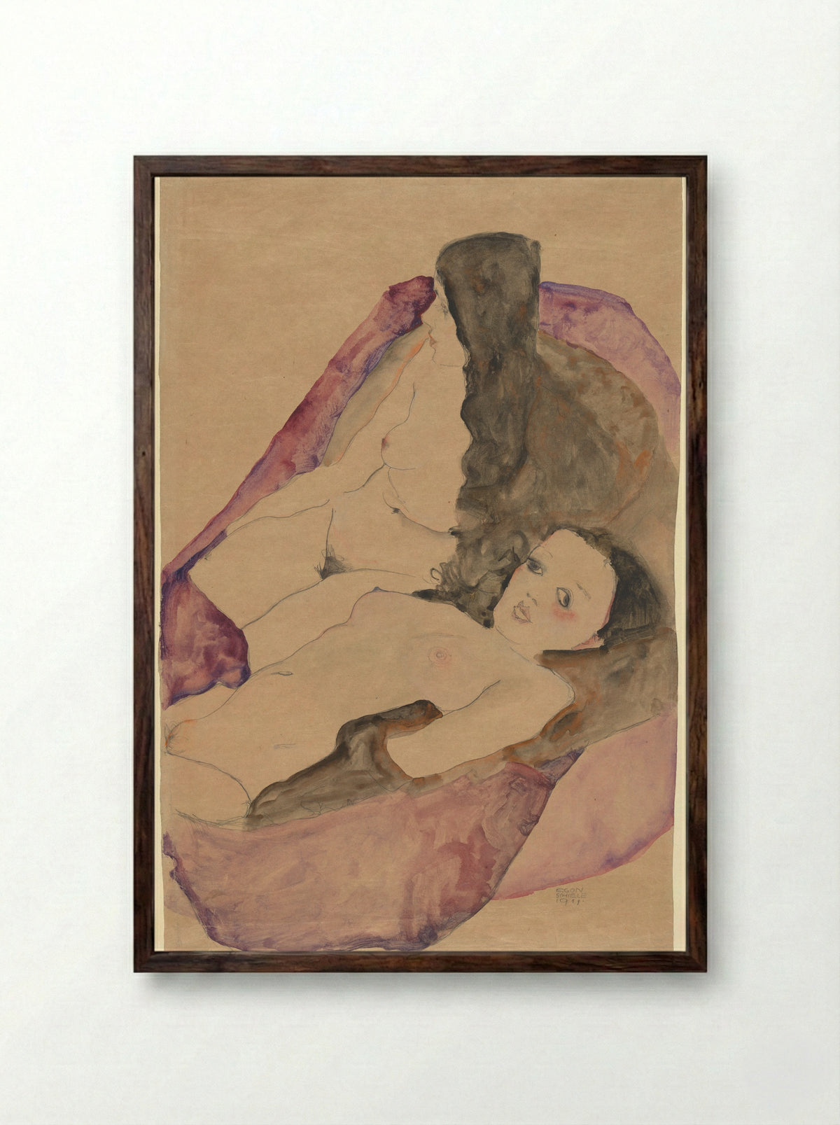 Two Reclining Nudes - Egon Schiele - Framed Print Dark Wood