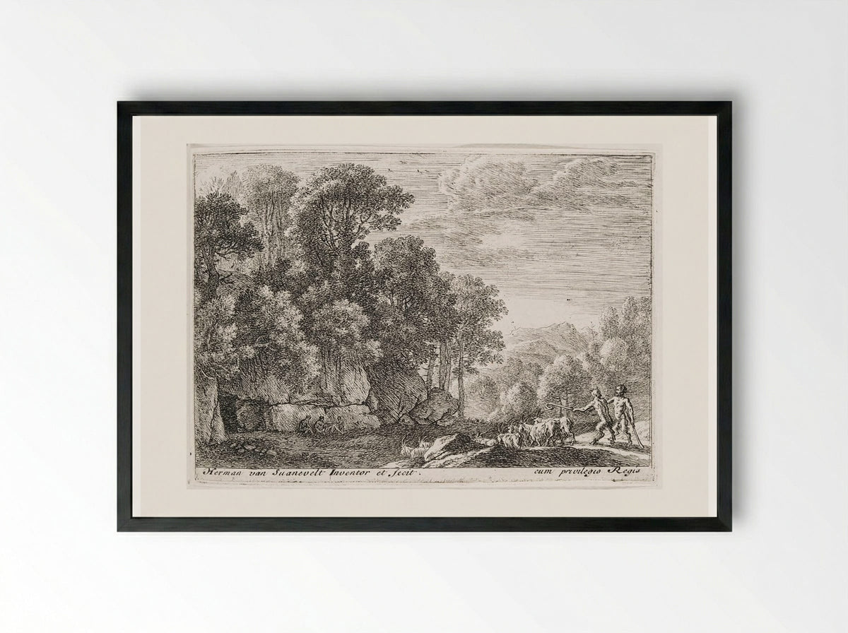 Two Satyrs Tending a Flock of Goats - Herman van Swanevelt - Framed Print Black