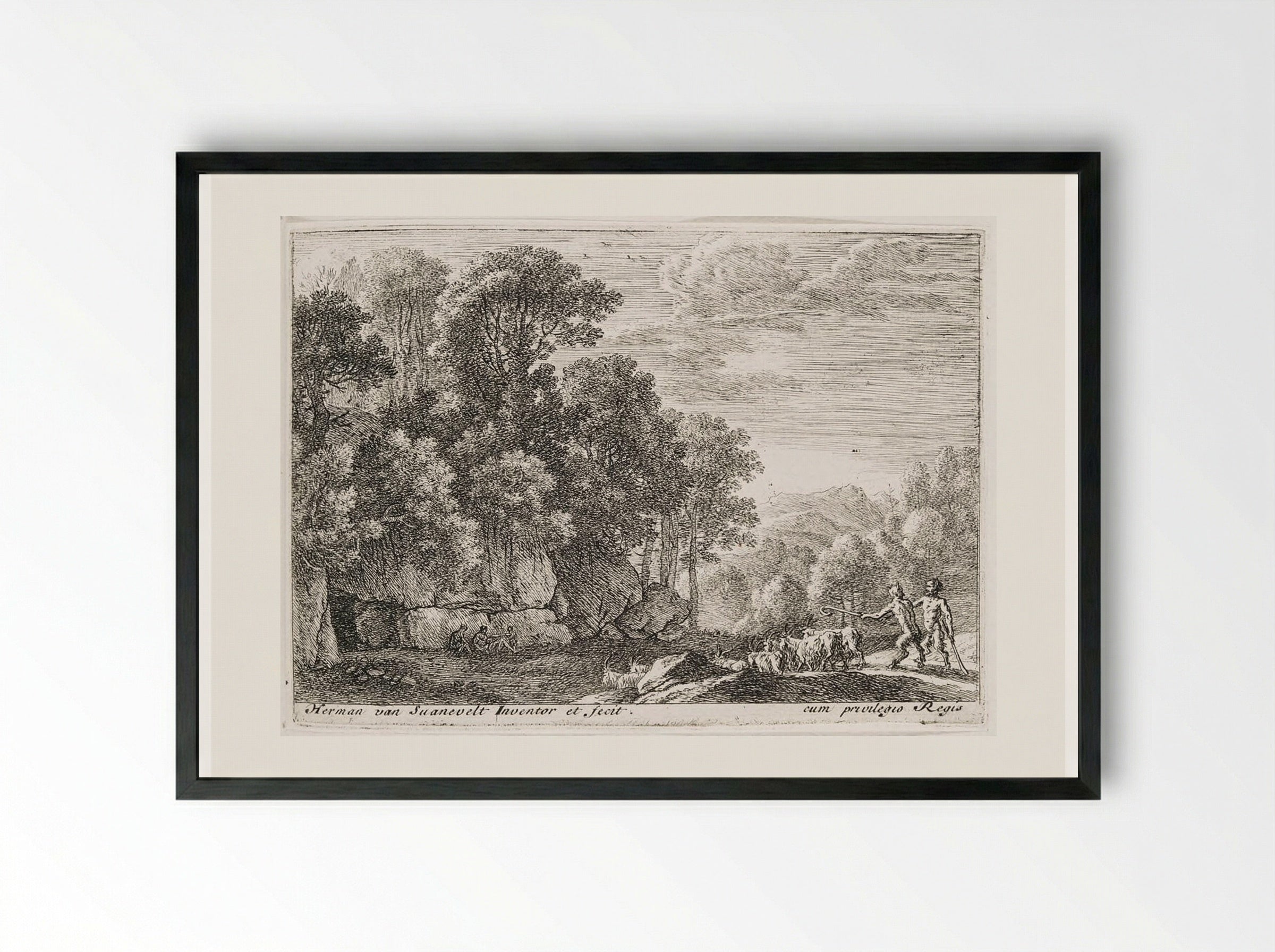 Two Satyrs Tending a Flock of Goats - Herman van Swanevelt - Framed Print Black