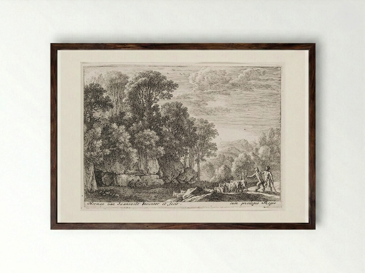 Two Satyrs Tending a Flock of Goats - Herman van Swanevelt - Framed Print Dark Wood