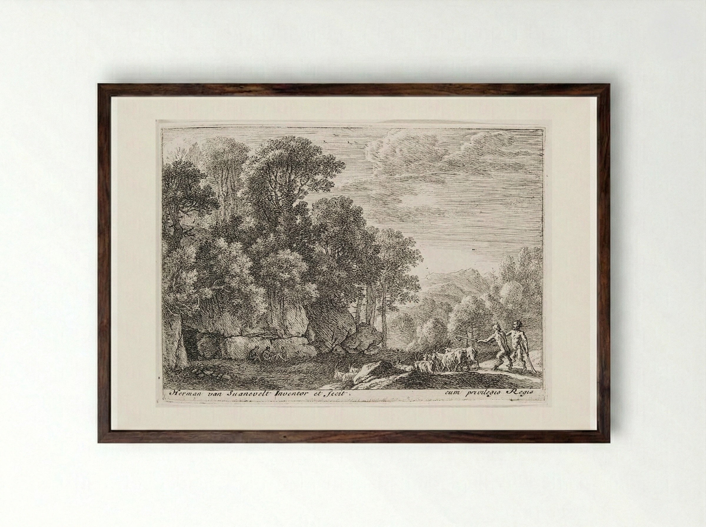 Two Satyrs Tending a Flock of Goats - Herman van Swanevelt - Framed Print Dark Wood