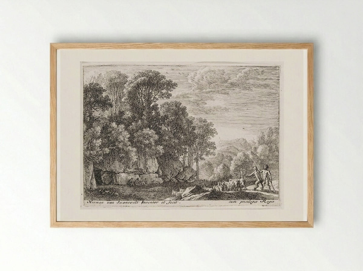 Two Satyrs Tending a Flock of Goats - Herman van Swanevelt - Framed Print Wood