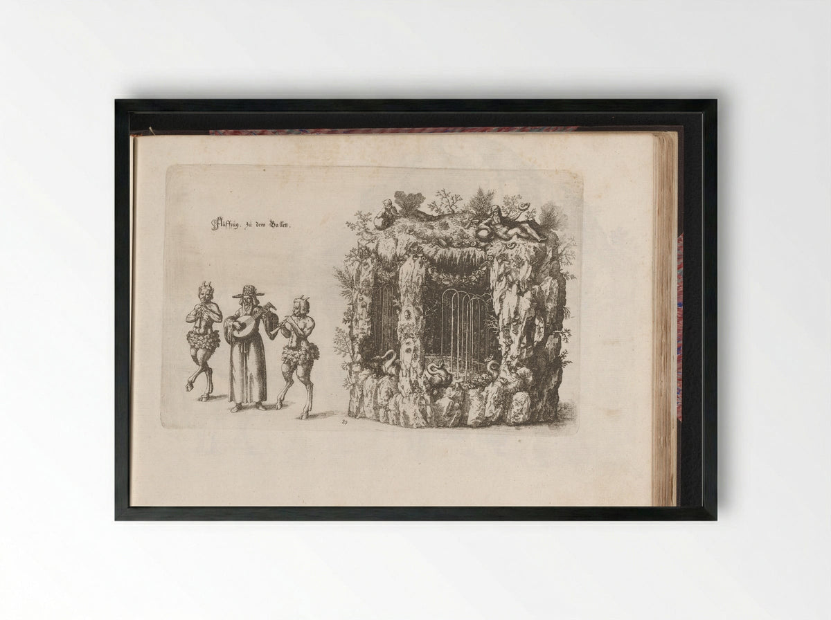 Two Satyrs and a Lute Player by a Grotto Fountain - Esaias van Hulsen - Framed Print Black