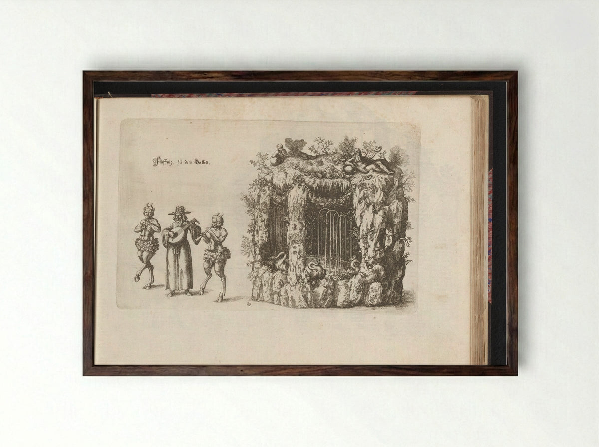 Two Satyrs and a Lute Player by a Grotto Fountain - Esaias van Hulsen - Framed Print Dark Wood