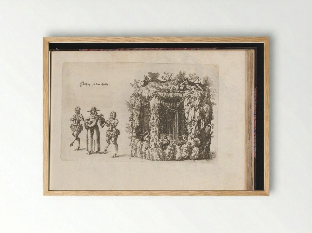Two Satyrs and a Lute Player by a Grotto Fountain - Esaias van Hulsen - Framed Print Wood