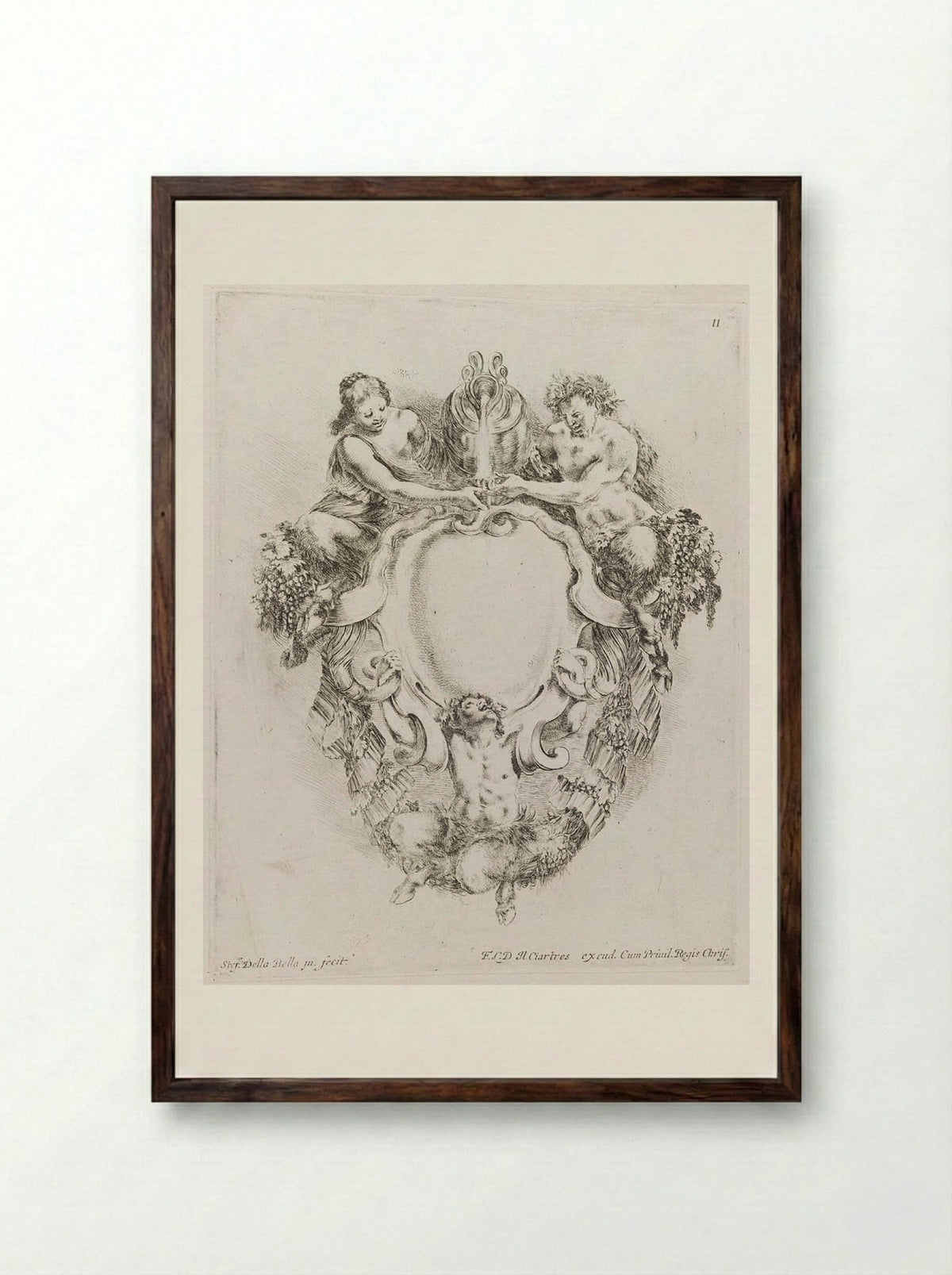 Two Satyrs and a Satyress, Pouring Wine - Stefano Della Bella - Framed Print Dark Wood